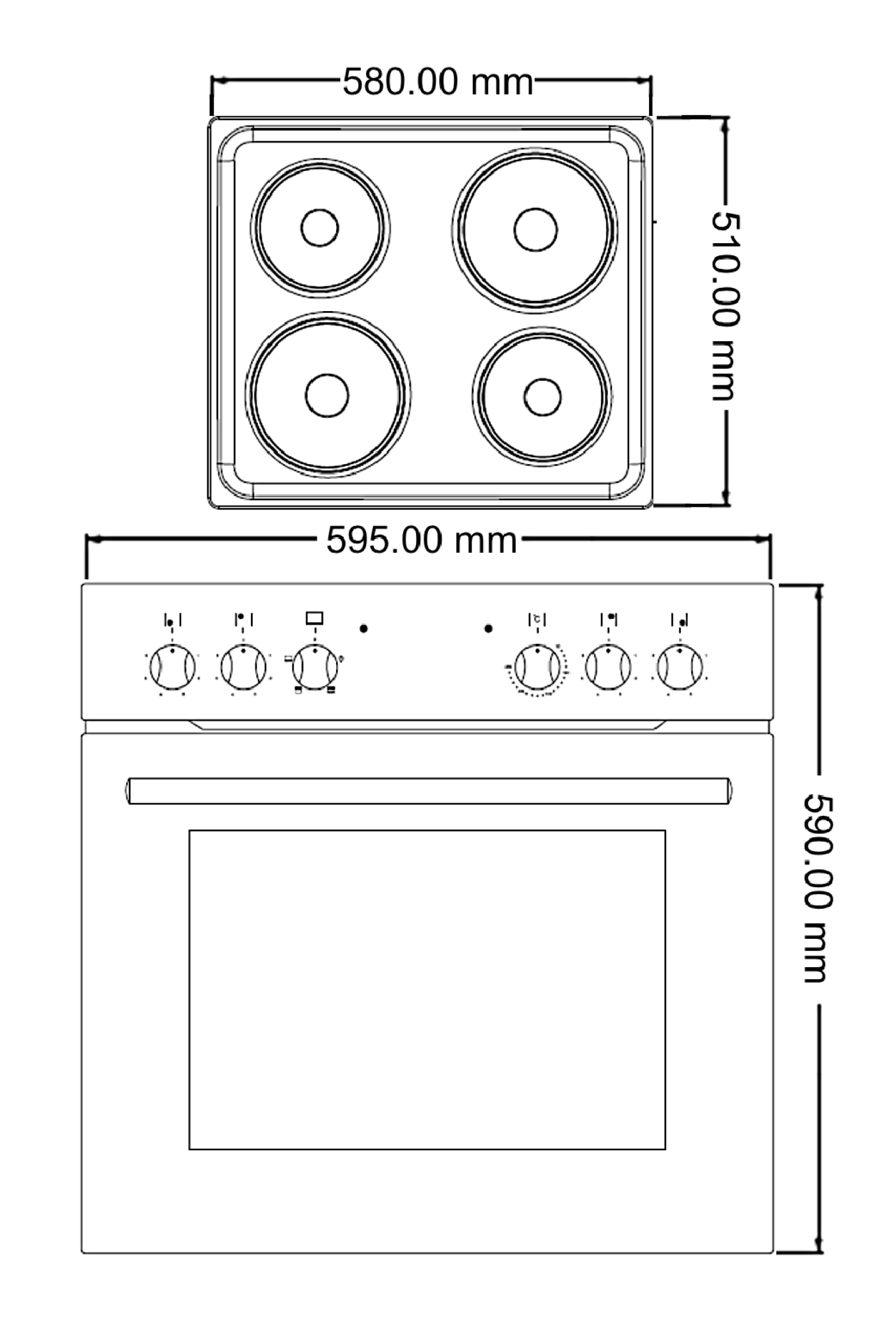 Bovenaanzicht en vooraanzicht van een oven-fornuis combinatie met afmetingen in millimeters.