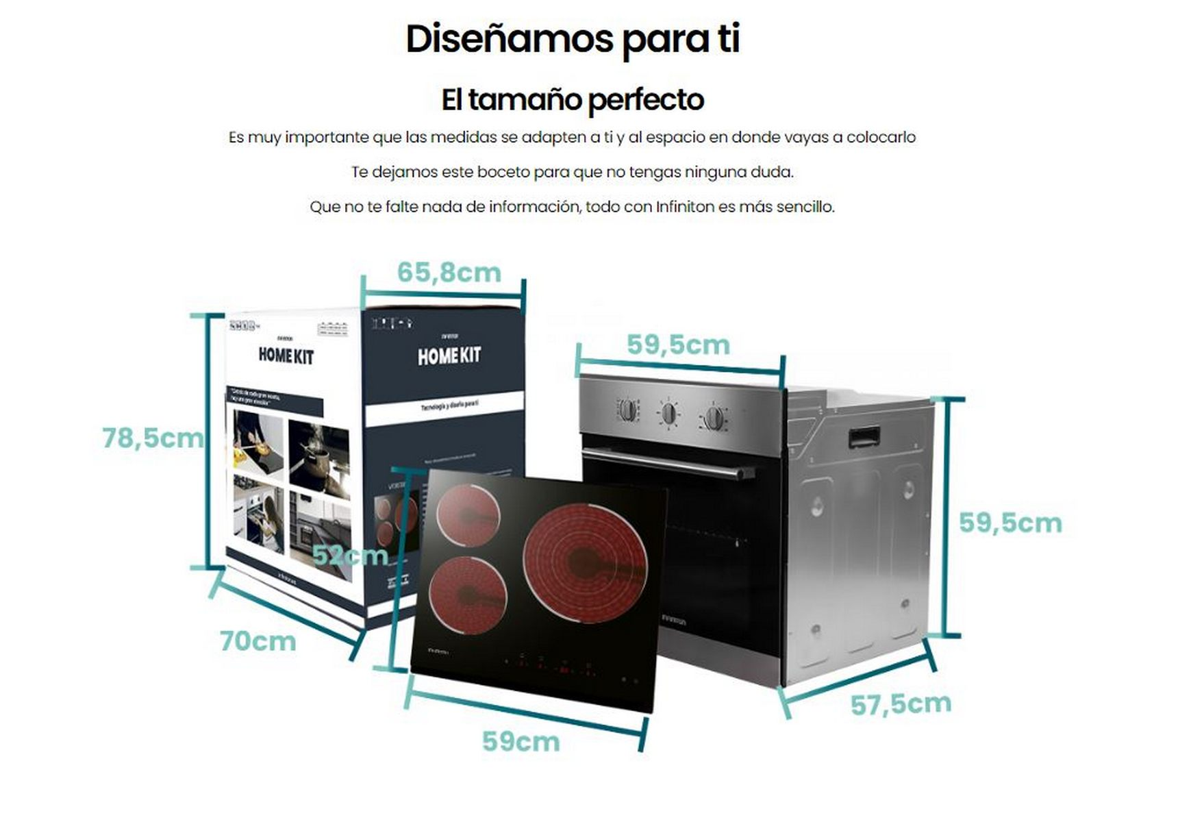 Una caja con una estufa y un horno dentro. Las dimensiones están escritas en la caja.