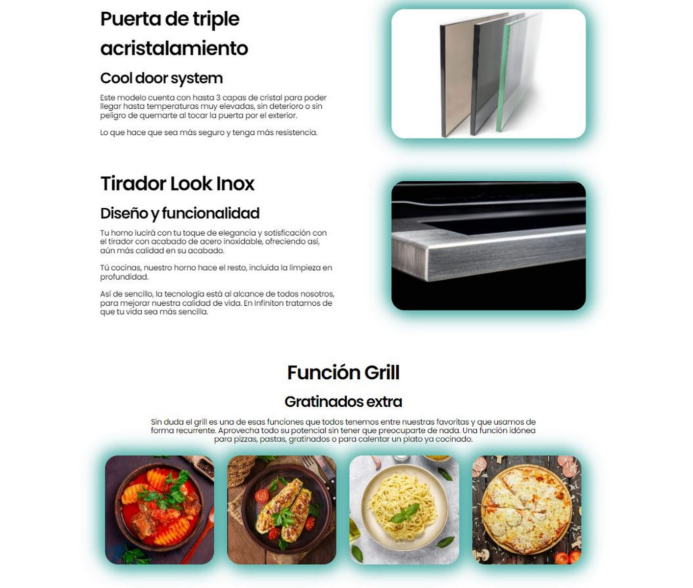 Características del horno con puerta triple de vidrio, manija de acero inoxidable y ejemplos de comida a la parrilla.