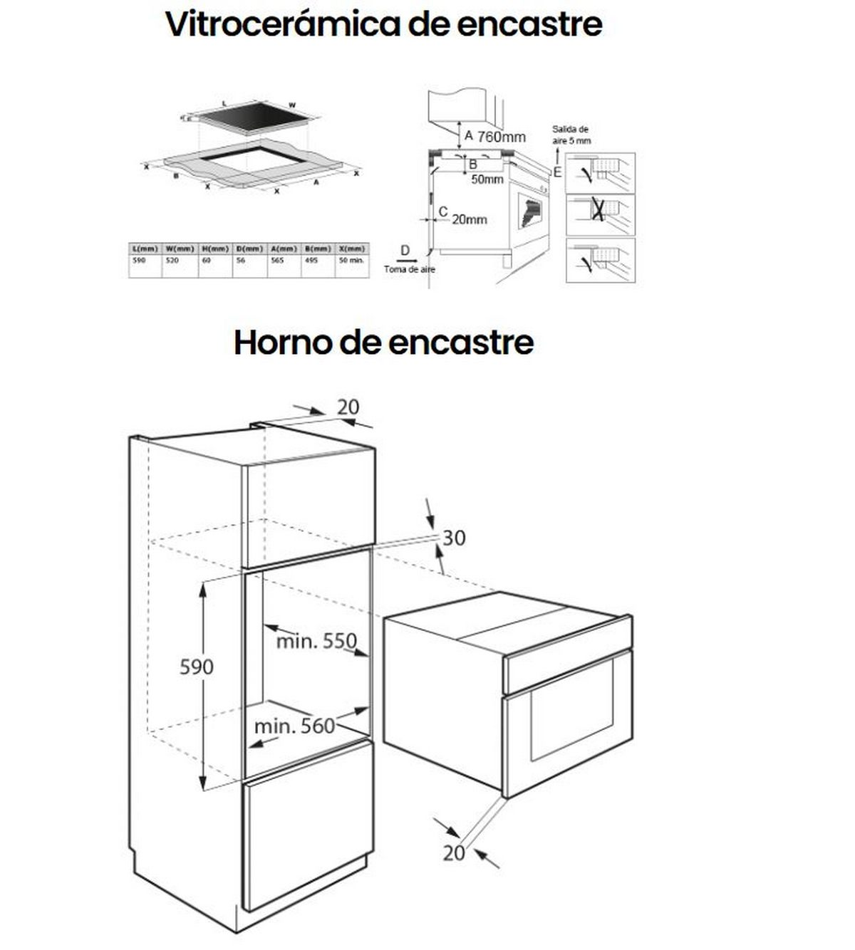 Diagramas de vitrocerámica y horno empotrados, mostrando dimensiones y detalles de instalación.
