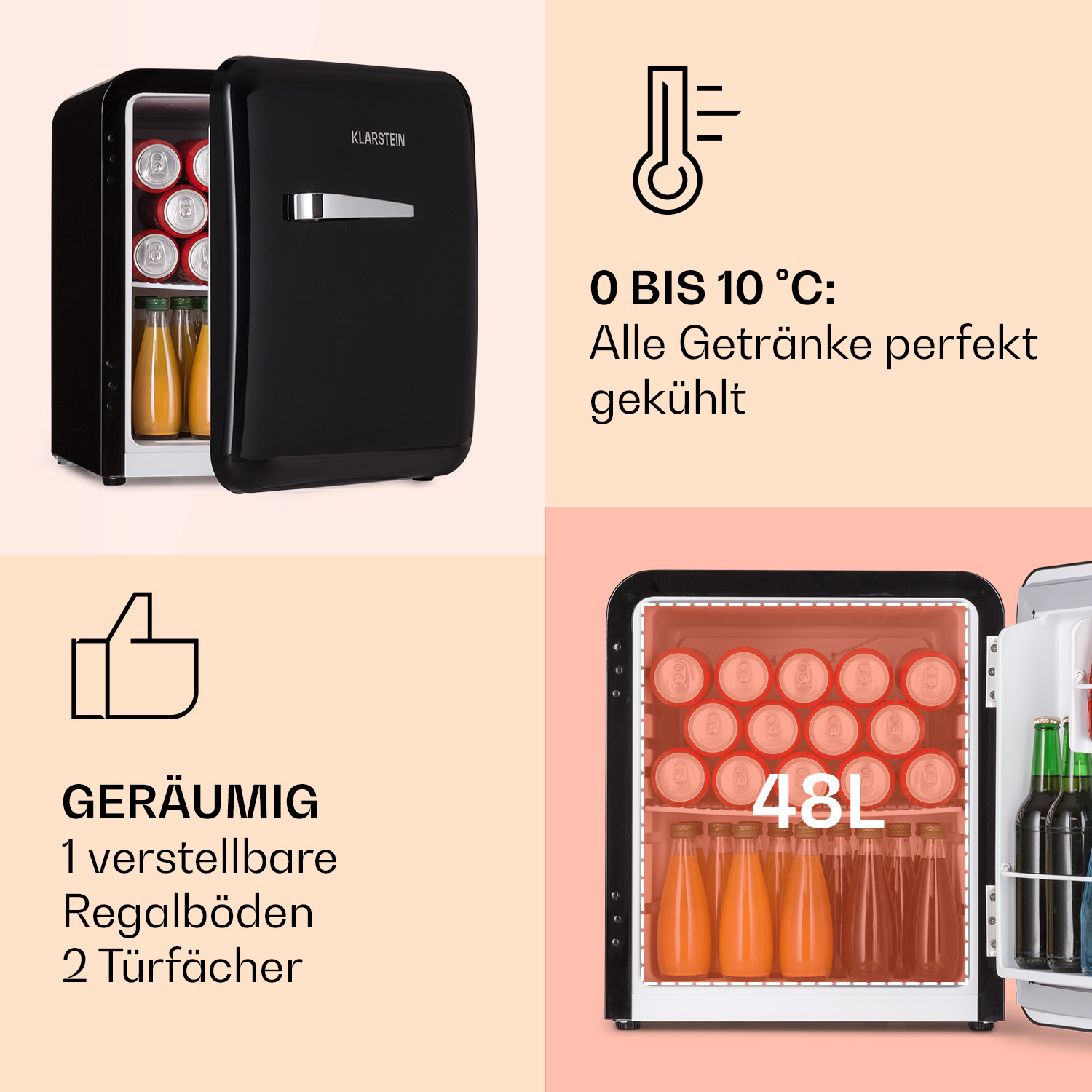 Mini frigo nero, aperto, che mostra bevande e testo in tedesco.