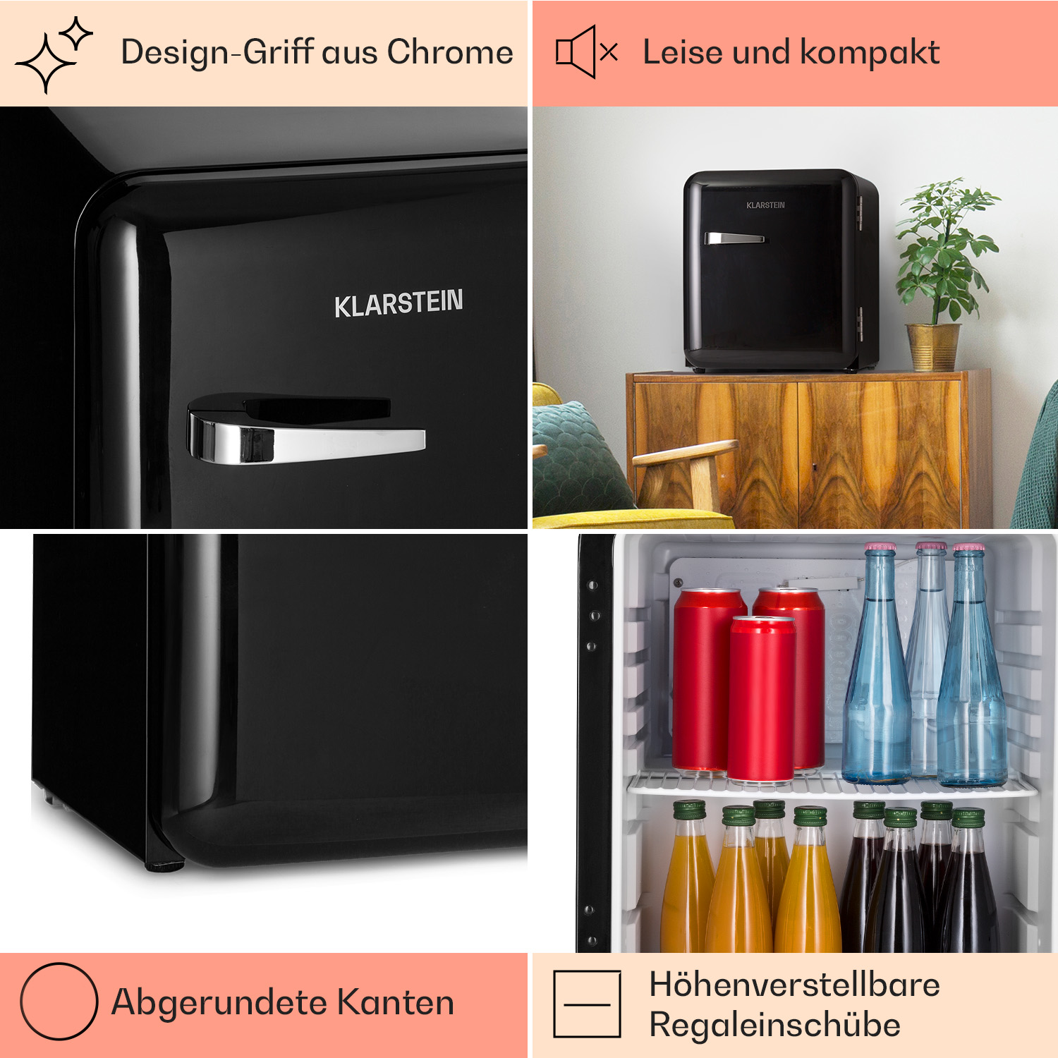 Un mini frigo nero con maniglia cromata, aperto che rivela bevande, con etichette.
