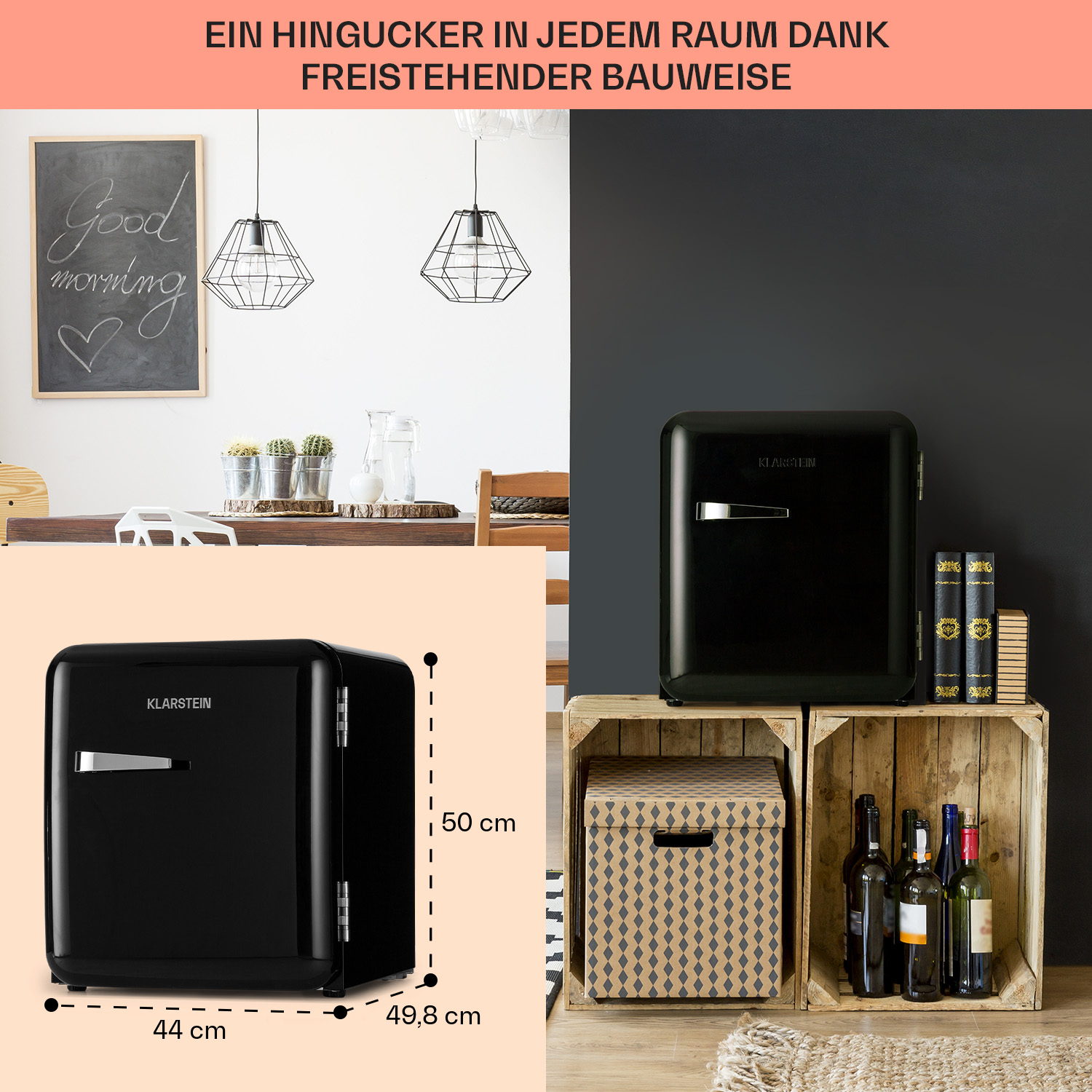 Un mini-frigo nero con maniglia argentata. È posto su casse di legno.