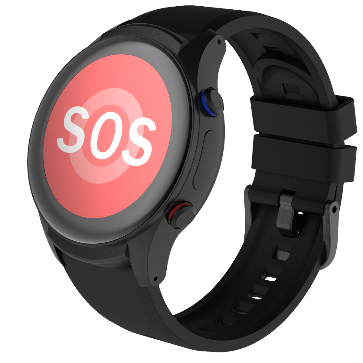 Eine schwarze Smartwatch mit roter SOS-Warnung auf dem Bildschirm.