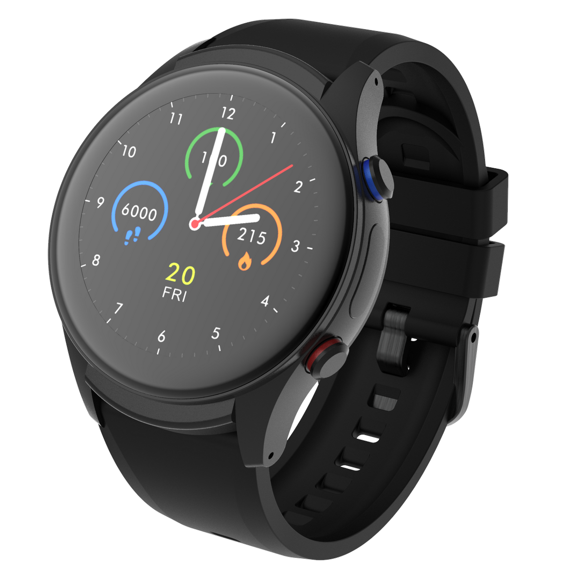 Schwarze Smartwatch mit rundem Bildschirm, schwarzes Armband. Weißer Hintergrund.