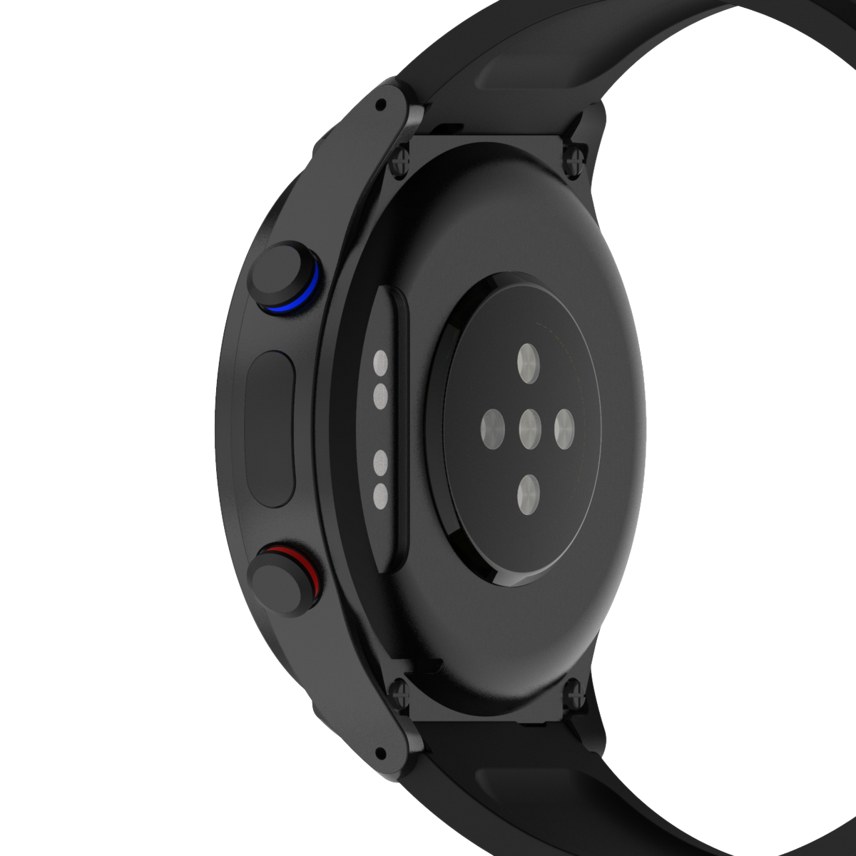 Eine schwarze Smartwatch von unten gesehen, zeigt den Herzfrequenzsensor und zwei Knöpfe. Weißer Hintergrund.