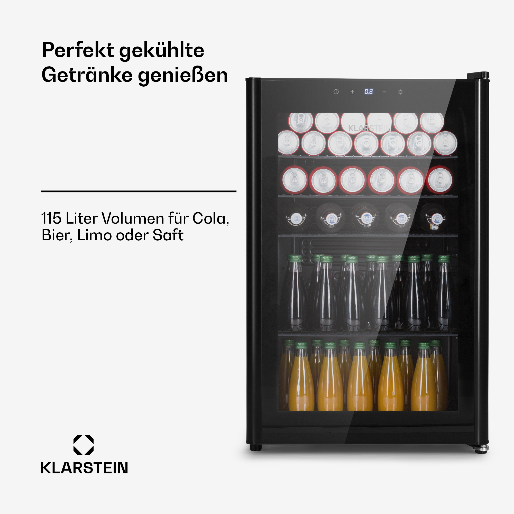 Ein schwarzer Kühlschrank mit Glastür. Er ist mit Getränken gefüllt, das Wort Klarstein drauf.