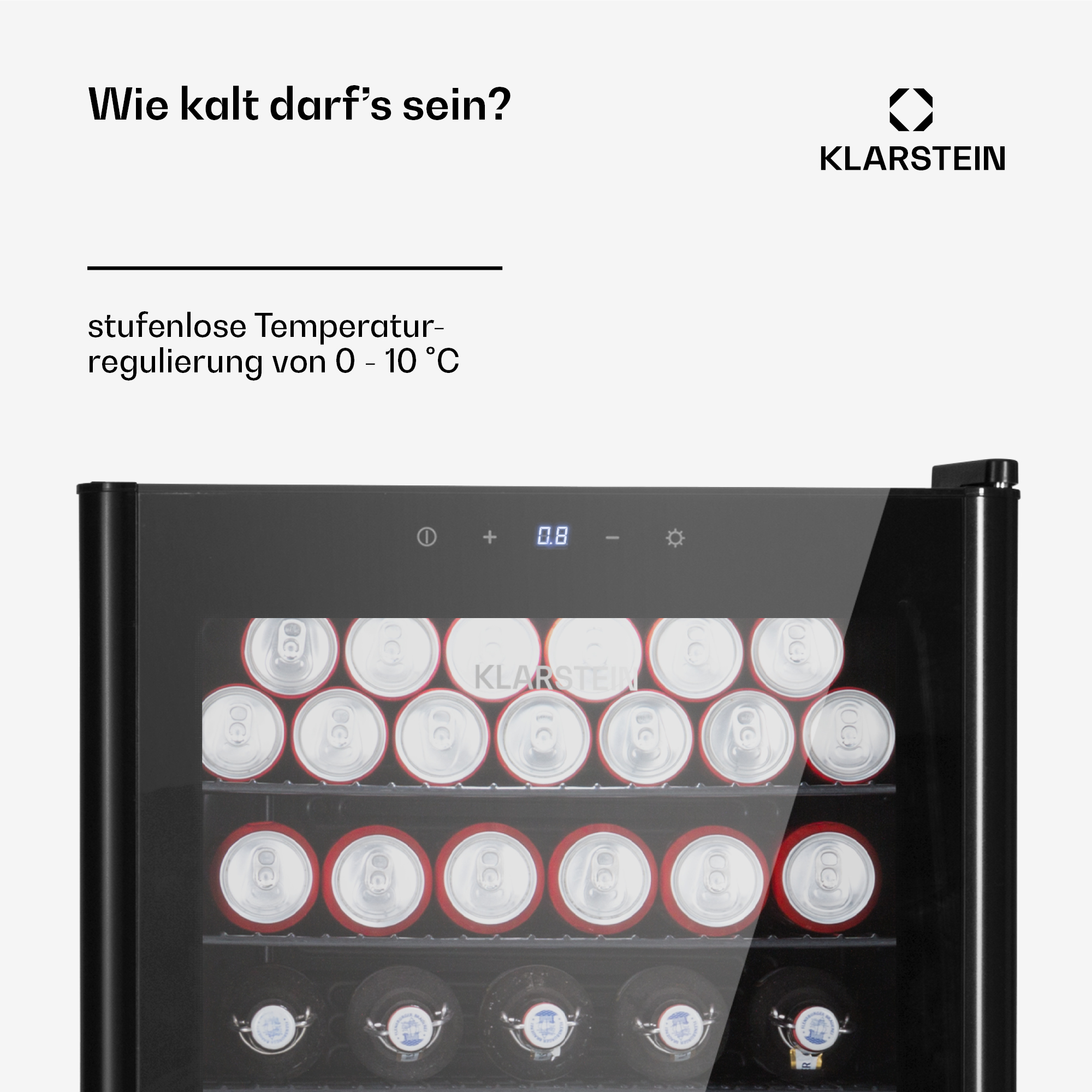 Minikühlschrank mit Dosen. Text zeigt Temperaturregelung von 0-10°C und die Marke ist Klarstein.