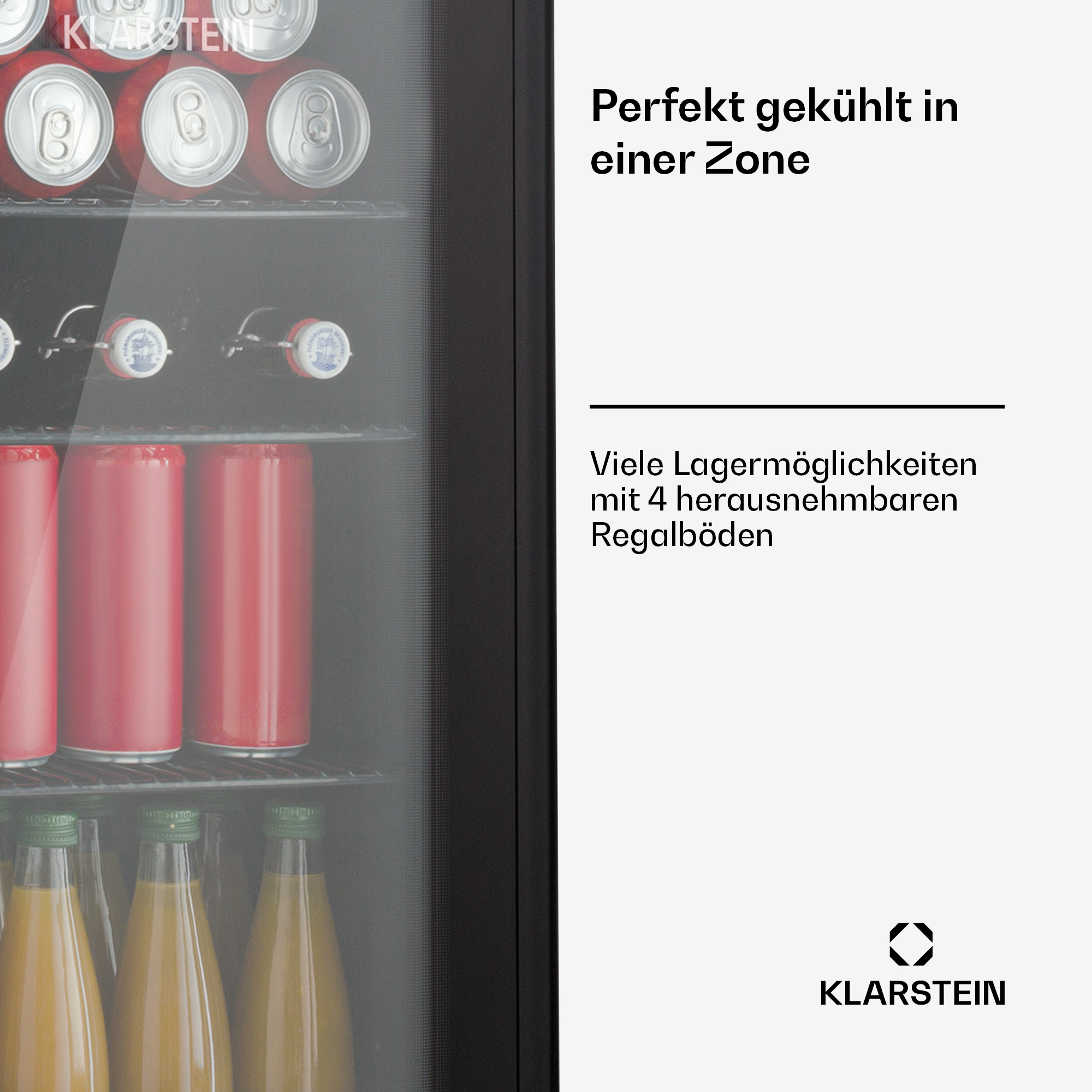 Ein schwarzer Kühlschrank mit Getränken, die durch die Glastür sichtbar sind.