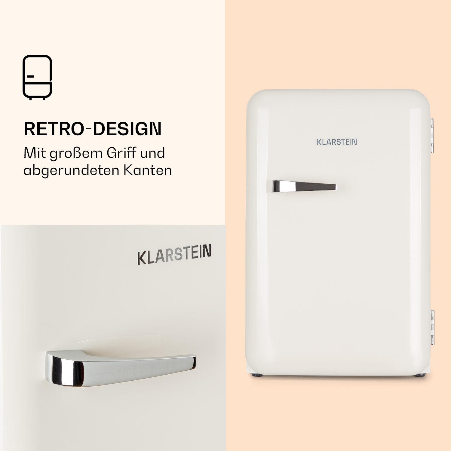 Un mini-frigo bianco in stile retrò con il marchio Klarstein. Ha una maniglia e angoli arrotondati.