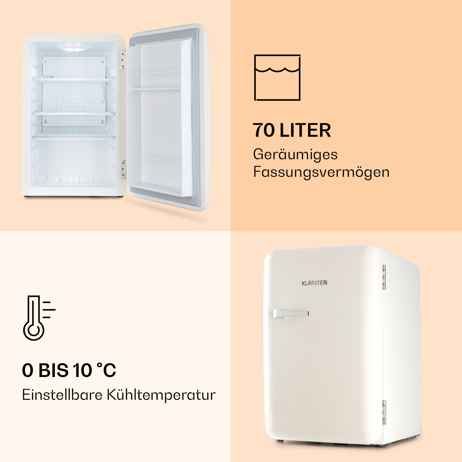 Mini-frigorifero bianco con porta aperta, che mostra ripiani. Testo: 70 litri di capacità e temperatura regolabile.