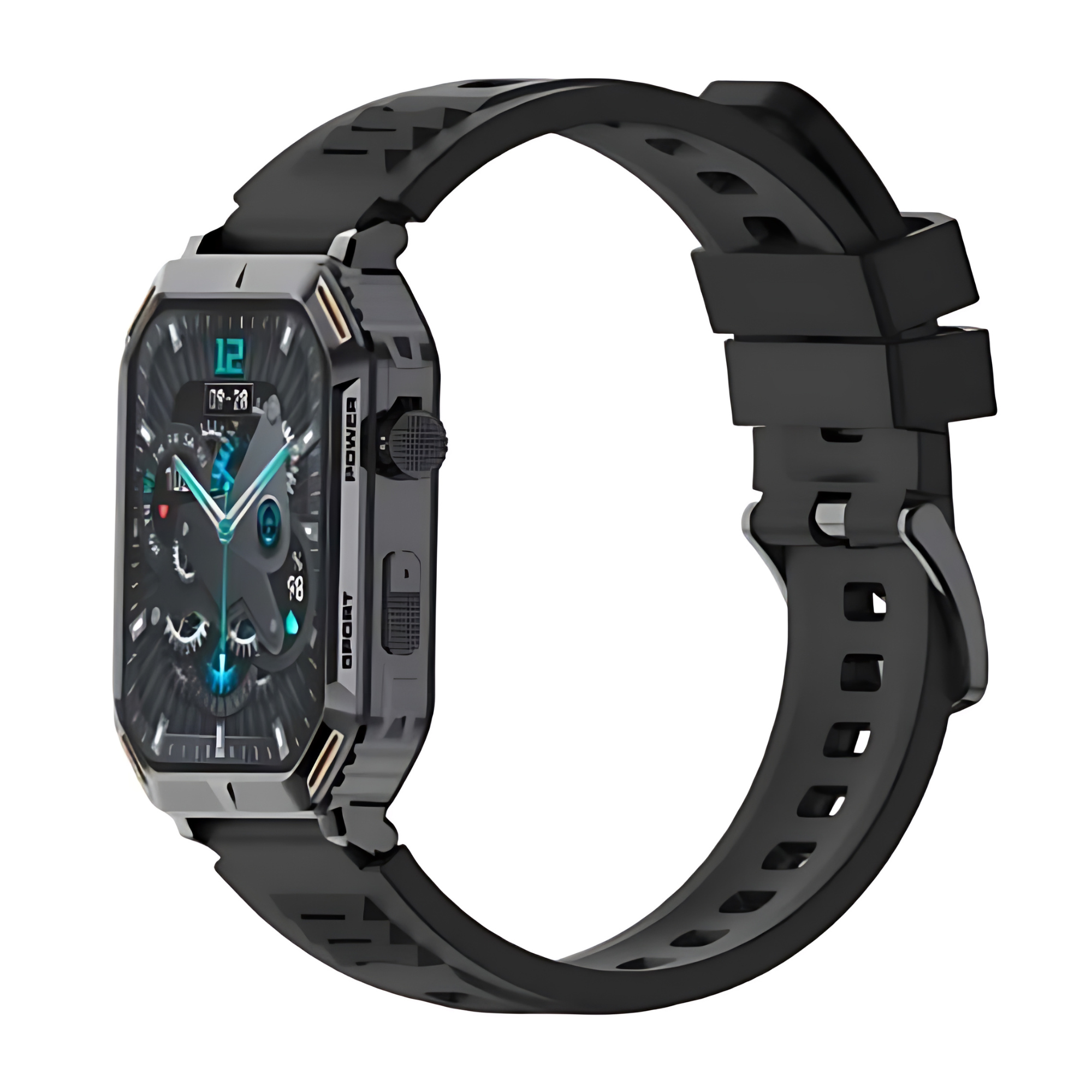 Czarny smartwatch z cyfrowym wyświetlaczem i czarnym paskiem na białym tle.