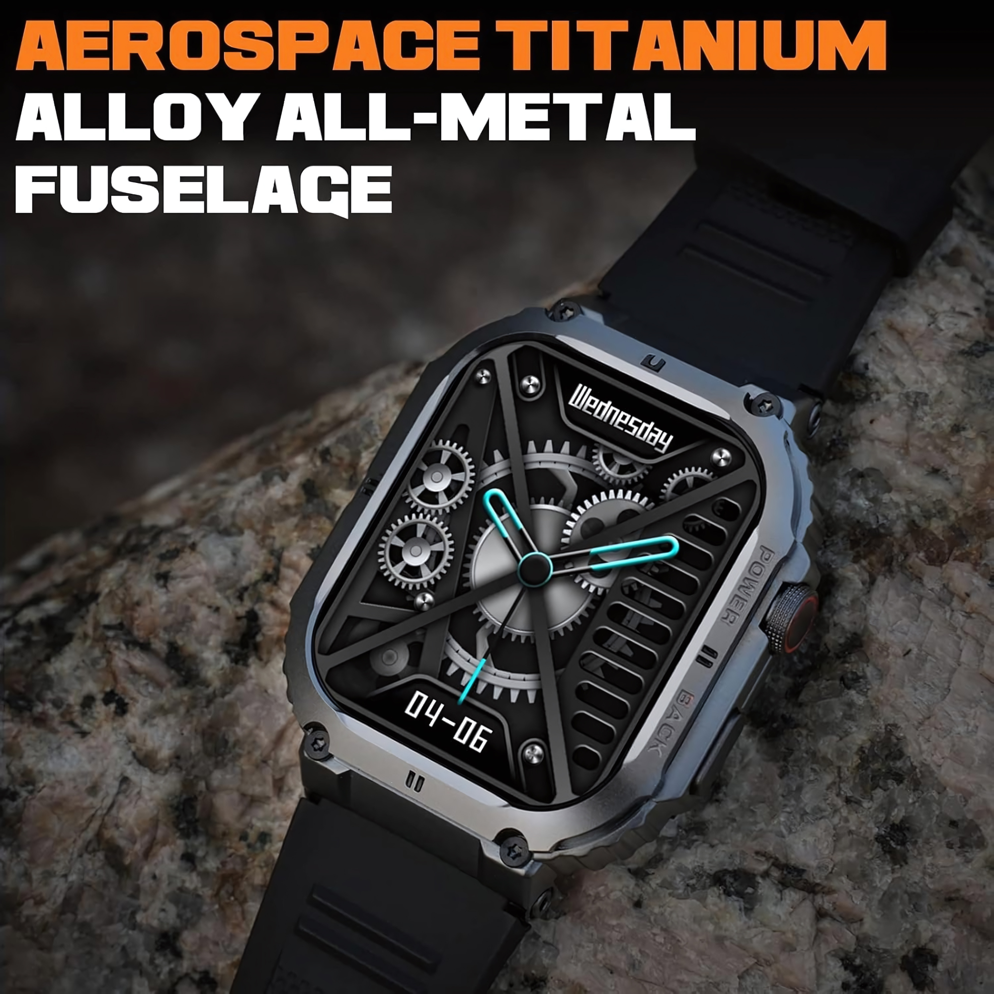 Srebrny smartwatch z czarnym paskiem na skale. Tarcza zegarka ma koła zębate i niebieską wskazówkę na wyświetlaczu Środy.