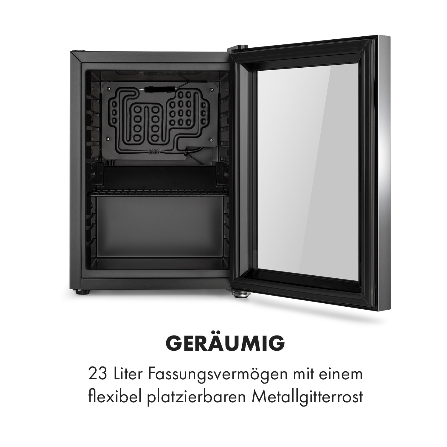 Schwarzer Minikühlschrank mit offener Tür, Lagerung und Innendesign.
