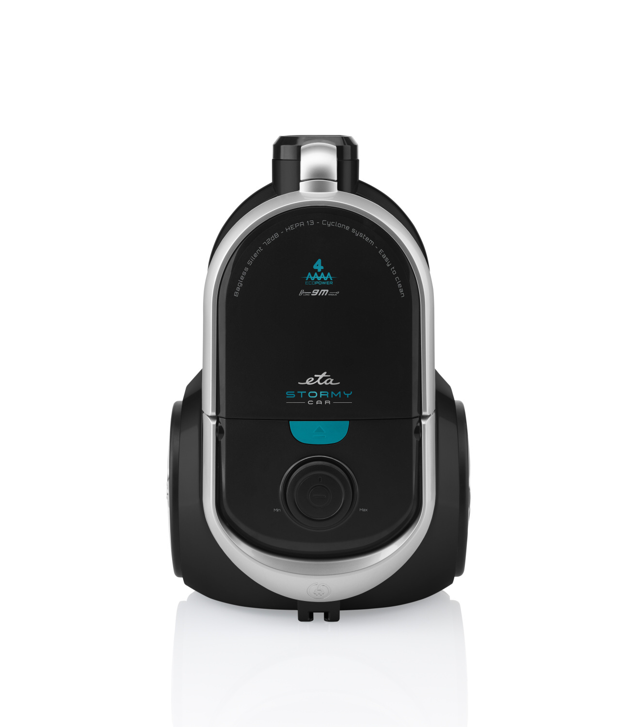 Black vacuum cleaner with silver accents. It has a dial and a blue button.