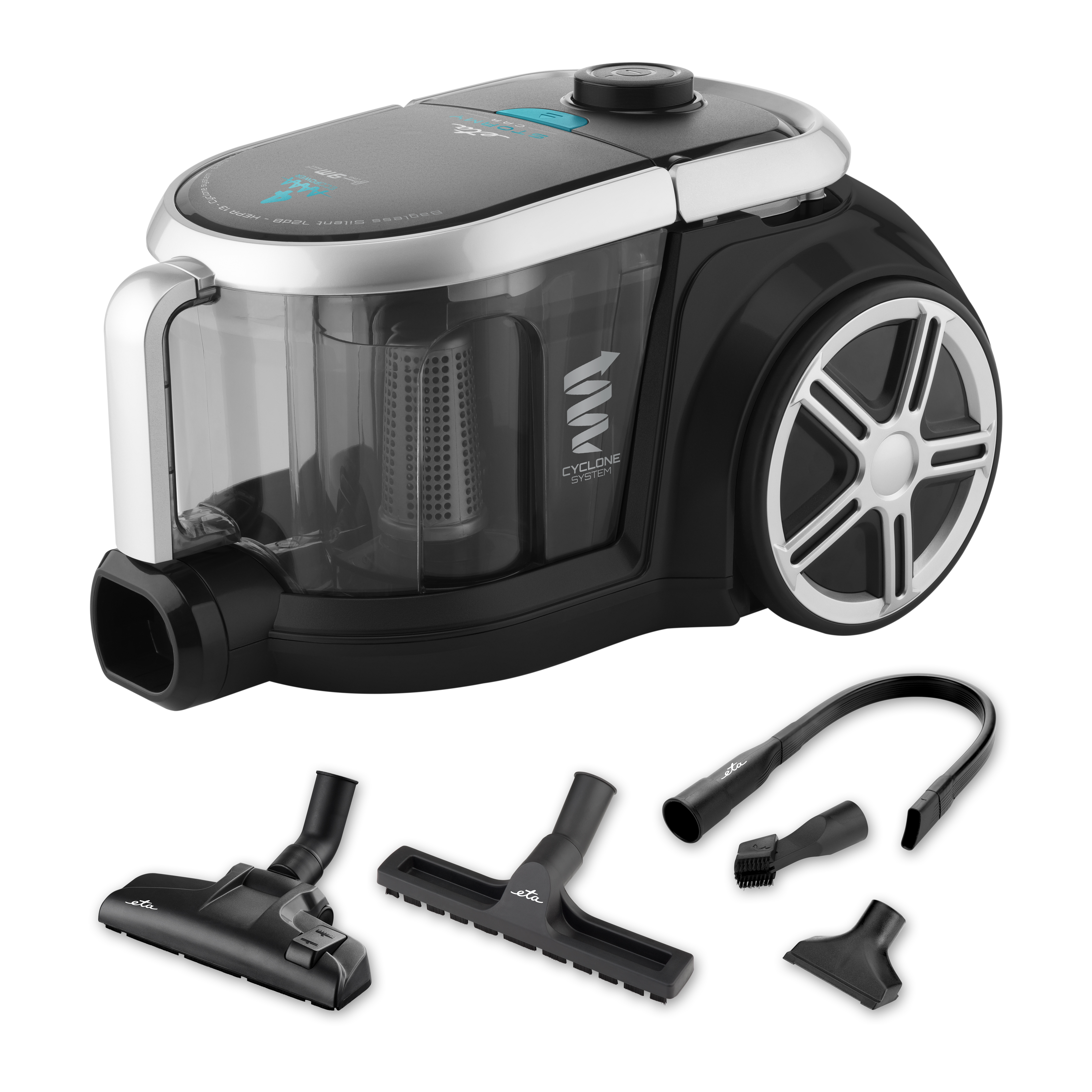 Black vacuum cleaner with attachments on white background.