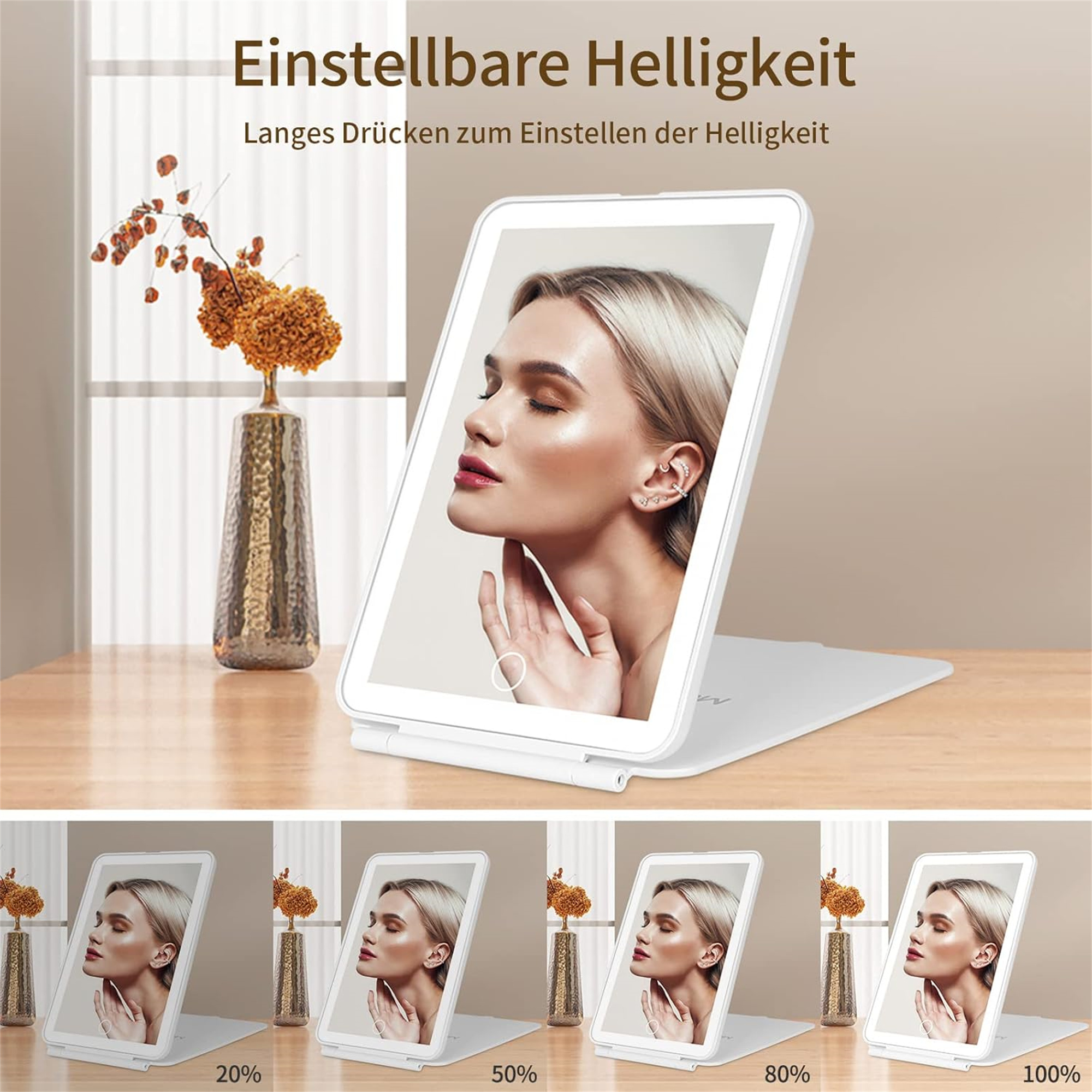 Beleuchteter Schminkspiegel. Mehrere Bilder zeigen verschiedene Helligkeitsstufen, Vase.