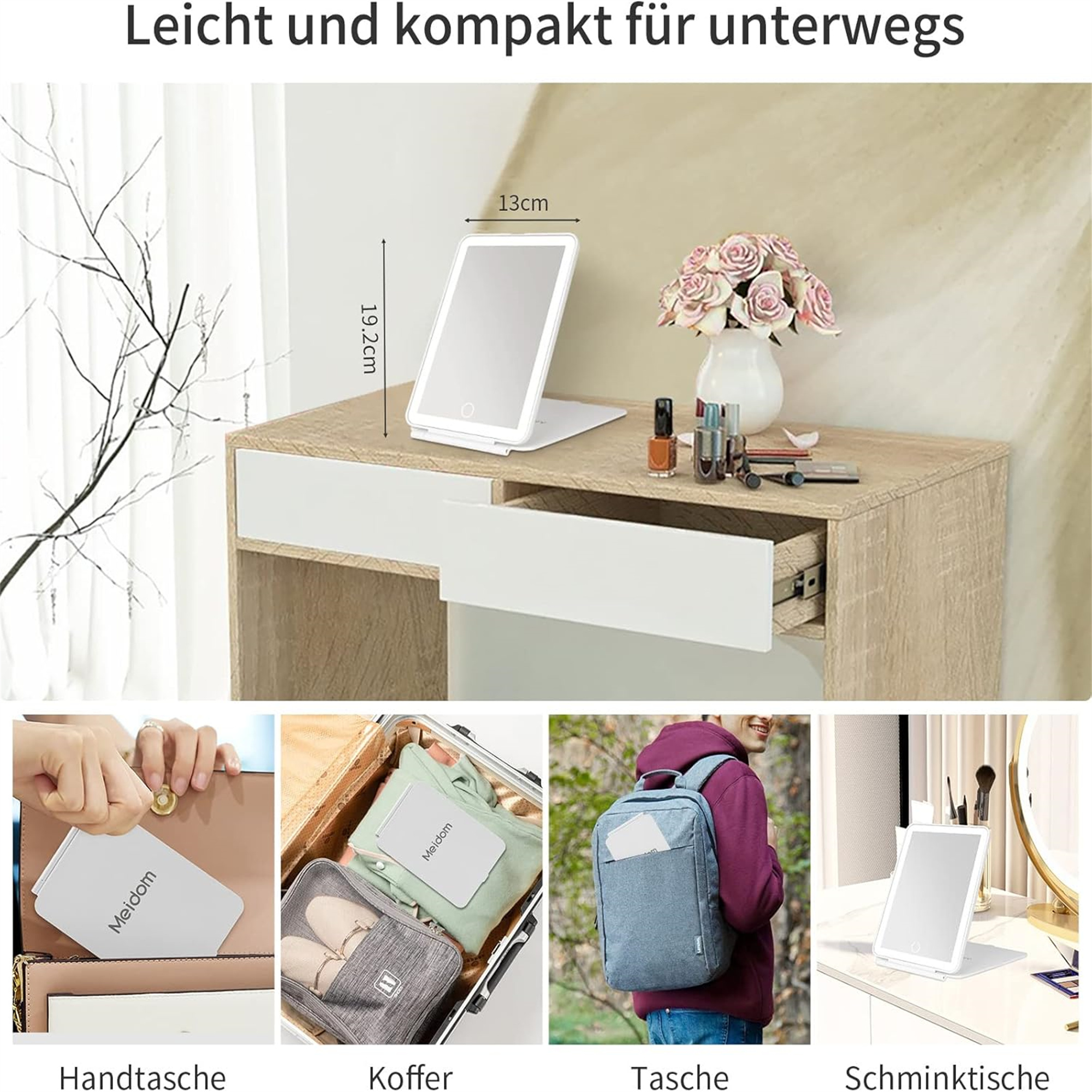 Schminktisch mit Spiegel und Zubehör. Weitere Bilder zeigen Artikel in Handtasche, Koffer.