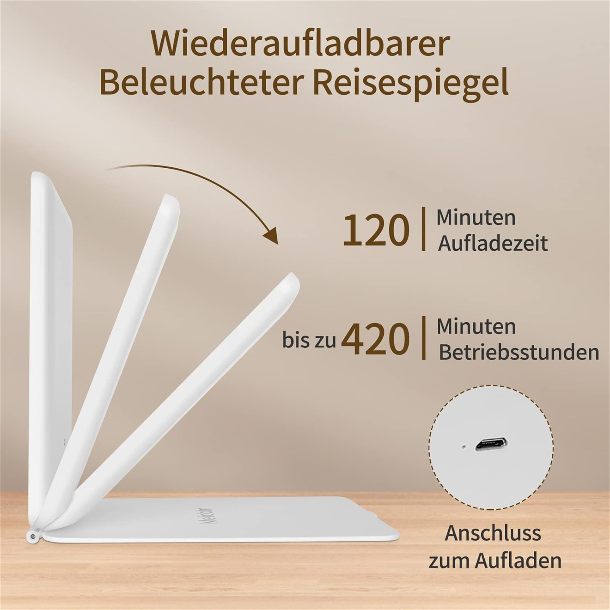 Weißer beleuchteter Reisespiegel mit Text. Zeigt Lade- und Nutzungszeit an.