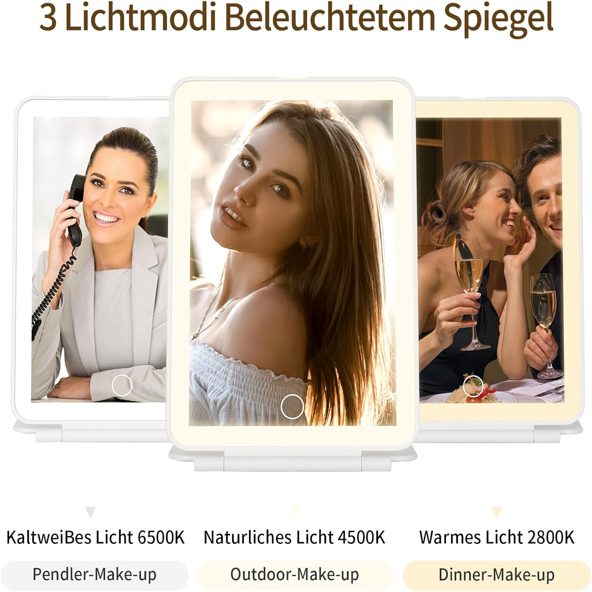Drei beleuchtete Spiegel mit unterschiedlichen Lichteinstellungen und Personen.