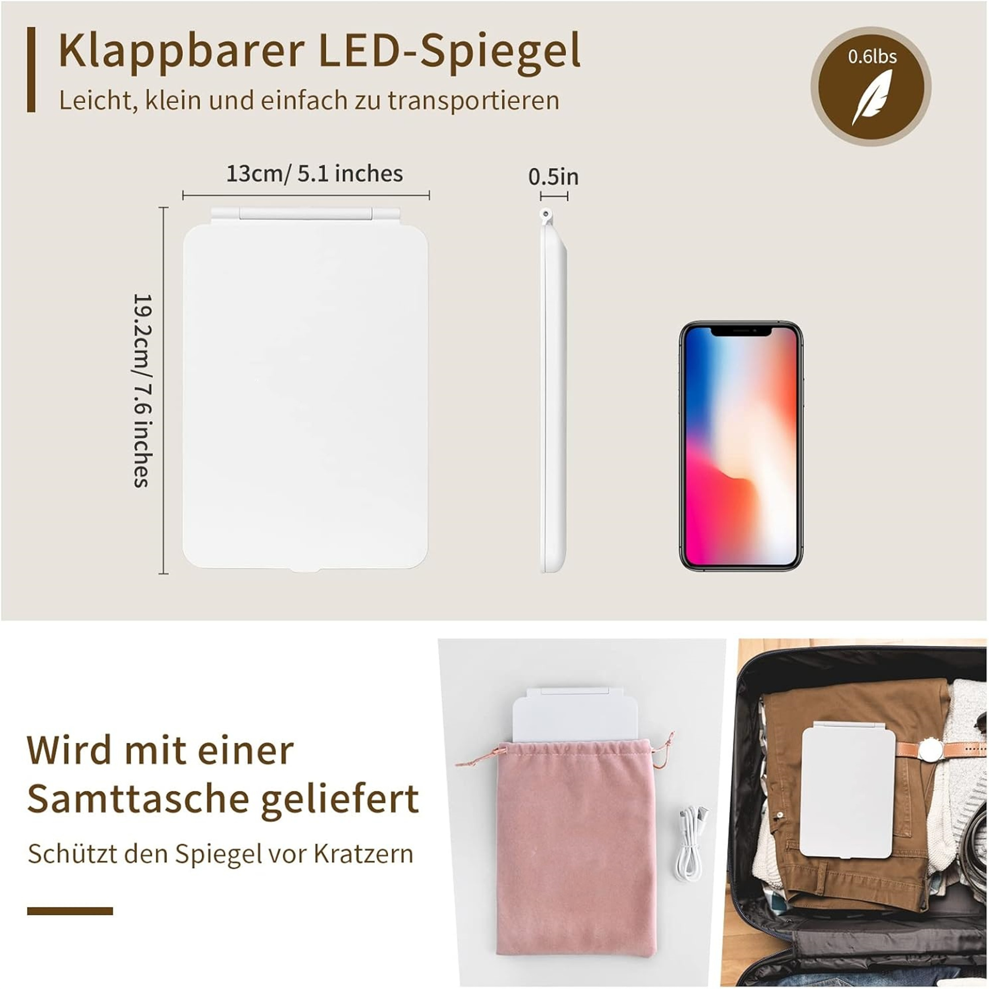 Ein weißer, faltbarer LED-Spiegel mit Abmessungen und ein Smartphone daneben, sowie eine rosa Tasche.
