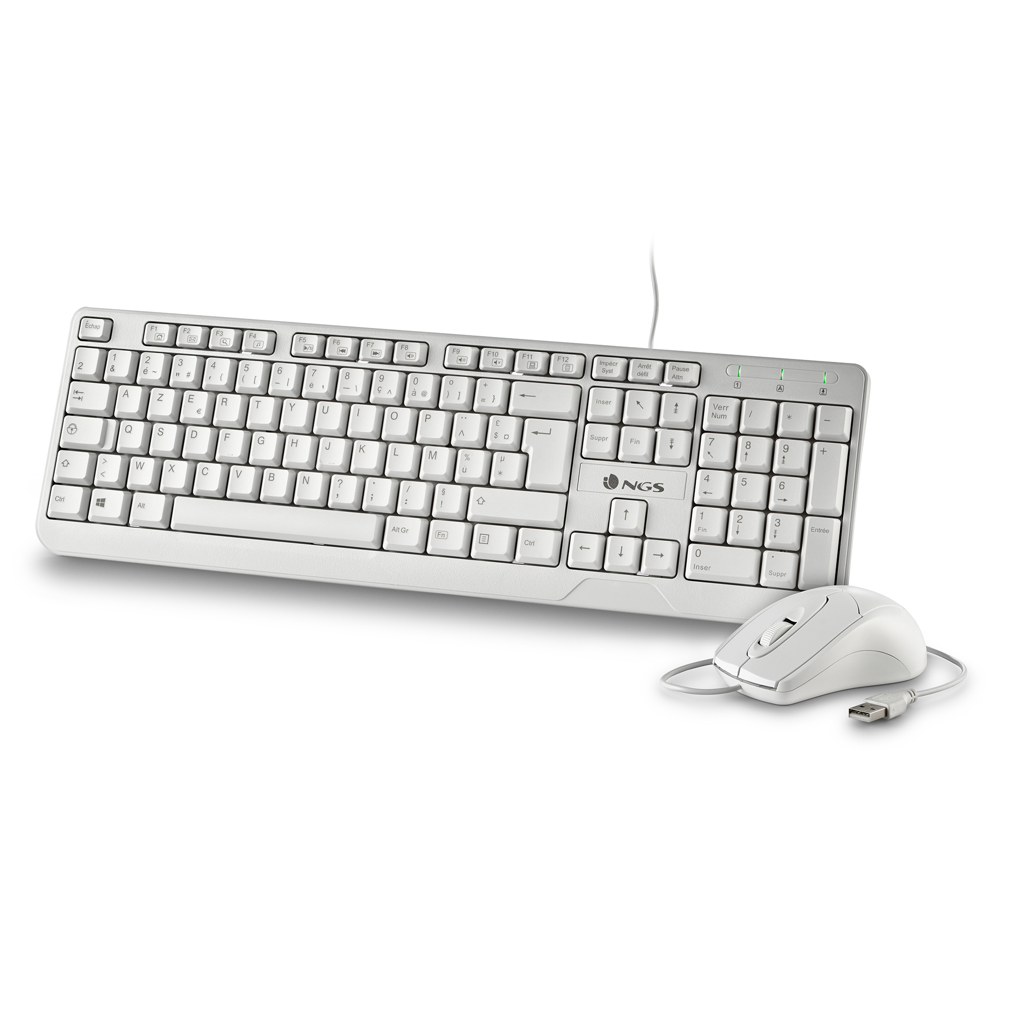 Set tastiera e mouse bianchi. Tastiera completa, mouse con rotella.