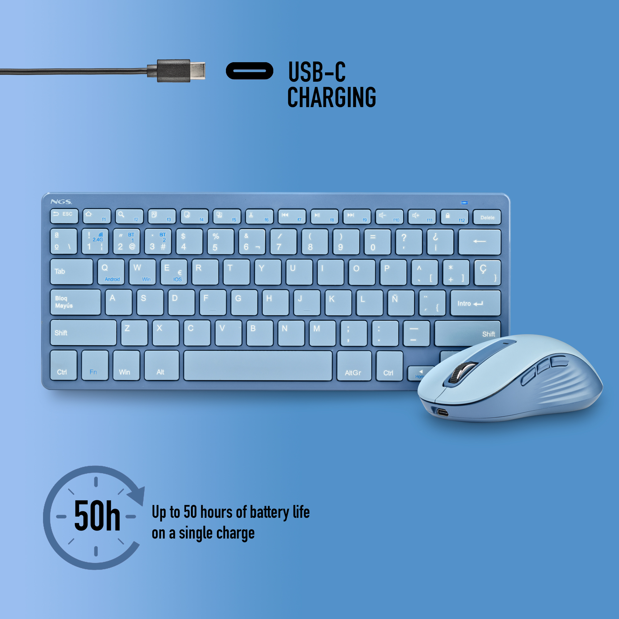 Niebieski zestaw klawiatura i mysz z napisem "USB-C CHARGING" i wskaźnikiem żywotności baterii.