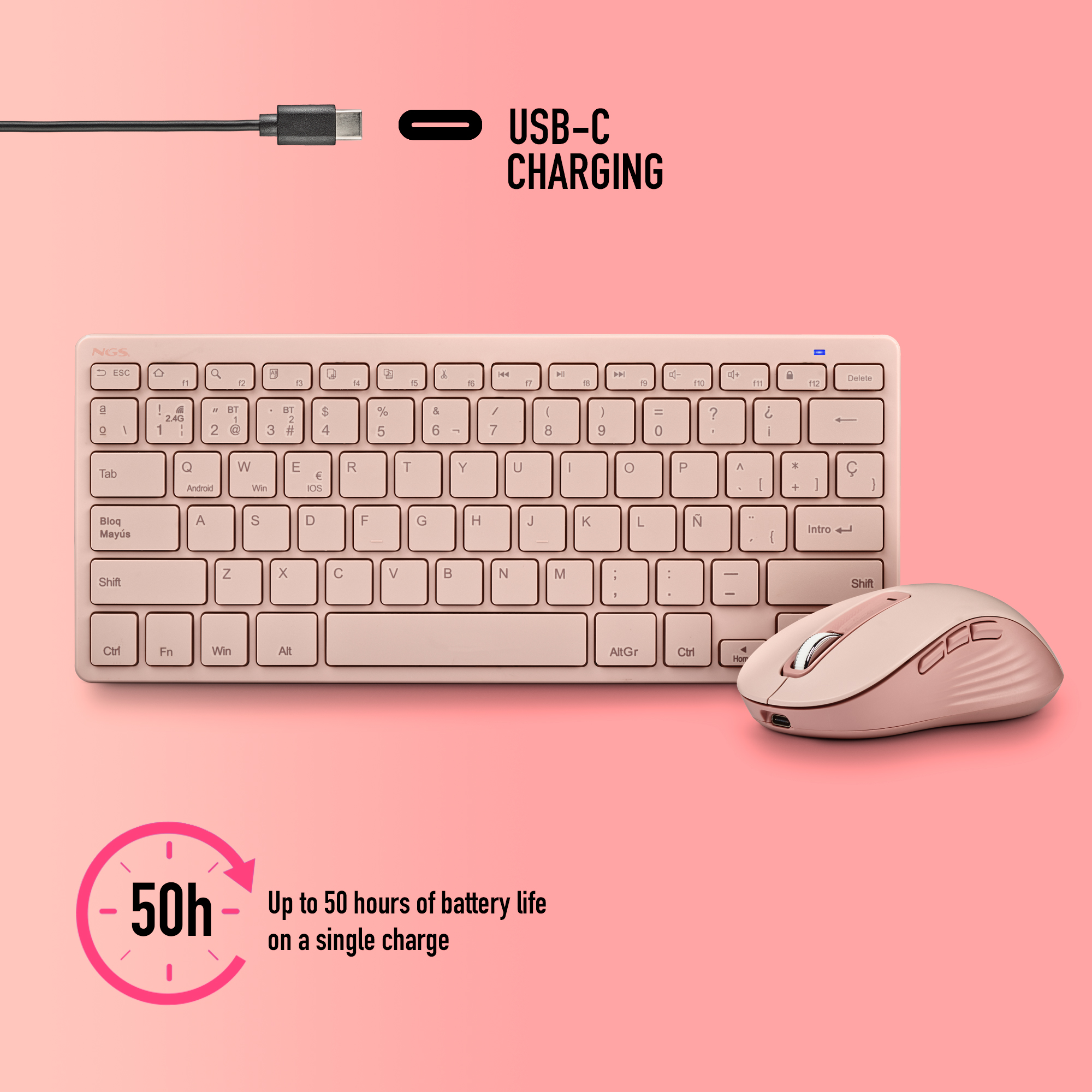 Różowa klawiatura i mysz bezprzewodowa. Ładowanie USB-C.
