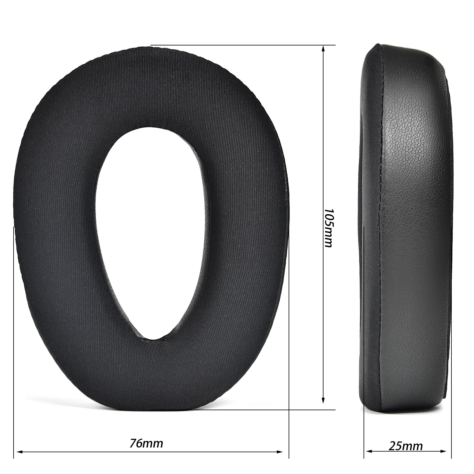 Czarne nauszniki do słuchawek. Jeden pokazuje wymiary: 105 mm x 76 mm. Drugi pokazuje widok z boku.