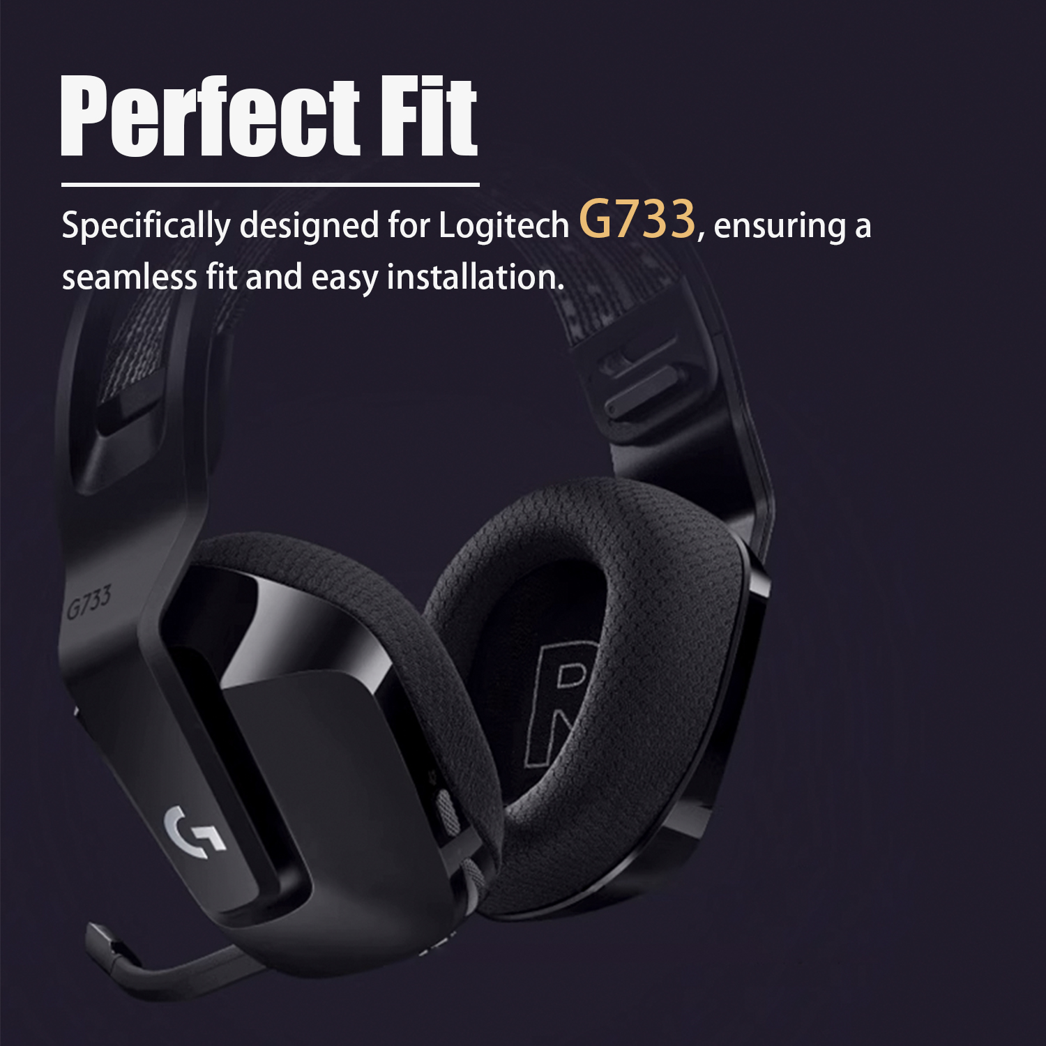 Czarne słuchawki z nausznikami i mikrofonem. Tekst mówi 'Idealne dopasowanie' i opisuje model.