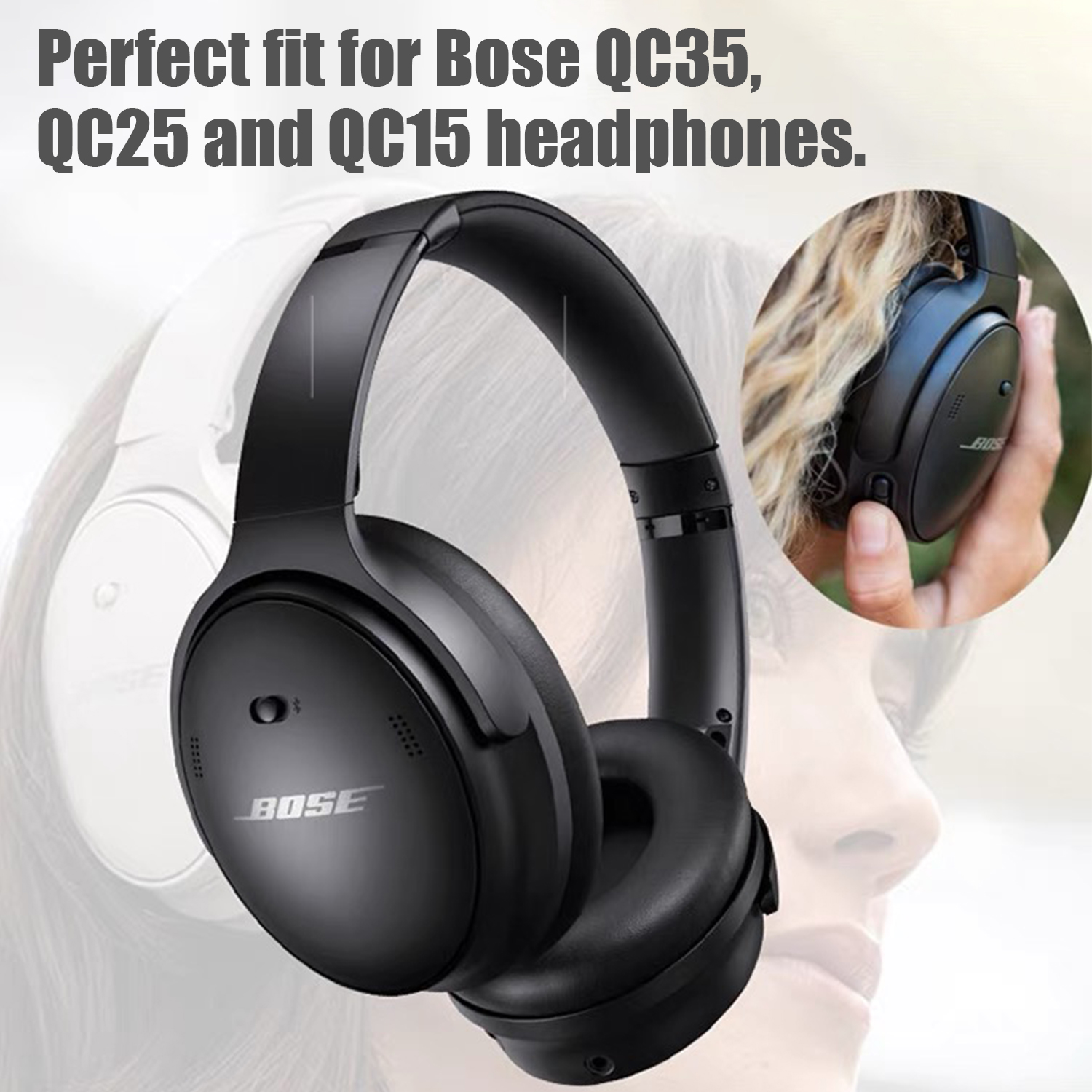 Czarne słuchawki Bose na rozmytym tle. Tekst mówi: 'Idealne dopasowanie do Bose QC35, QC25 i QC15'.