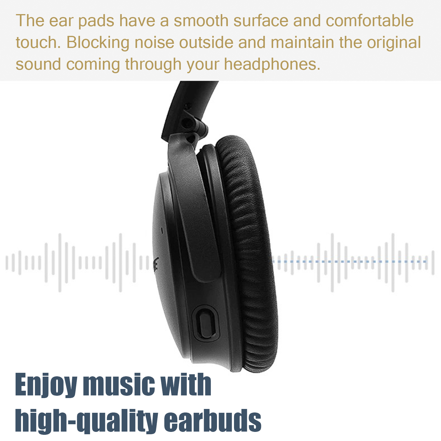 Czarne słuchawki z grafiką fal dźwiękowych. Tekst podkreśla wygodne nauszniki do słuchania muzyki.