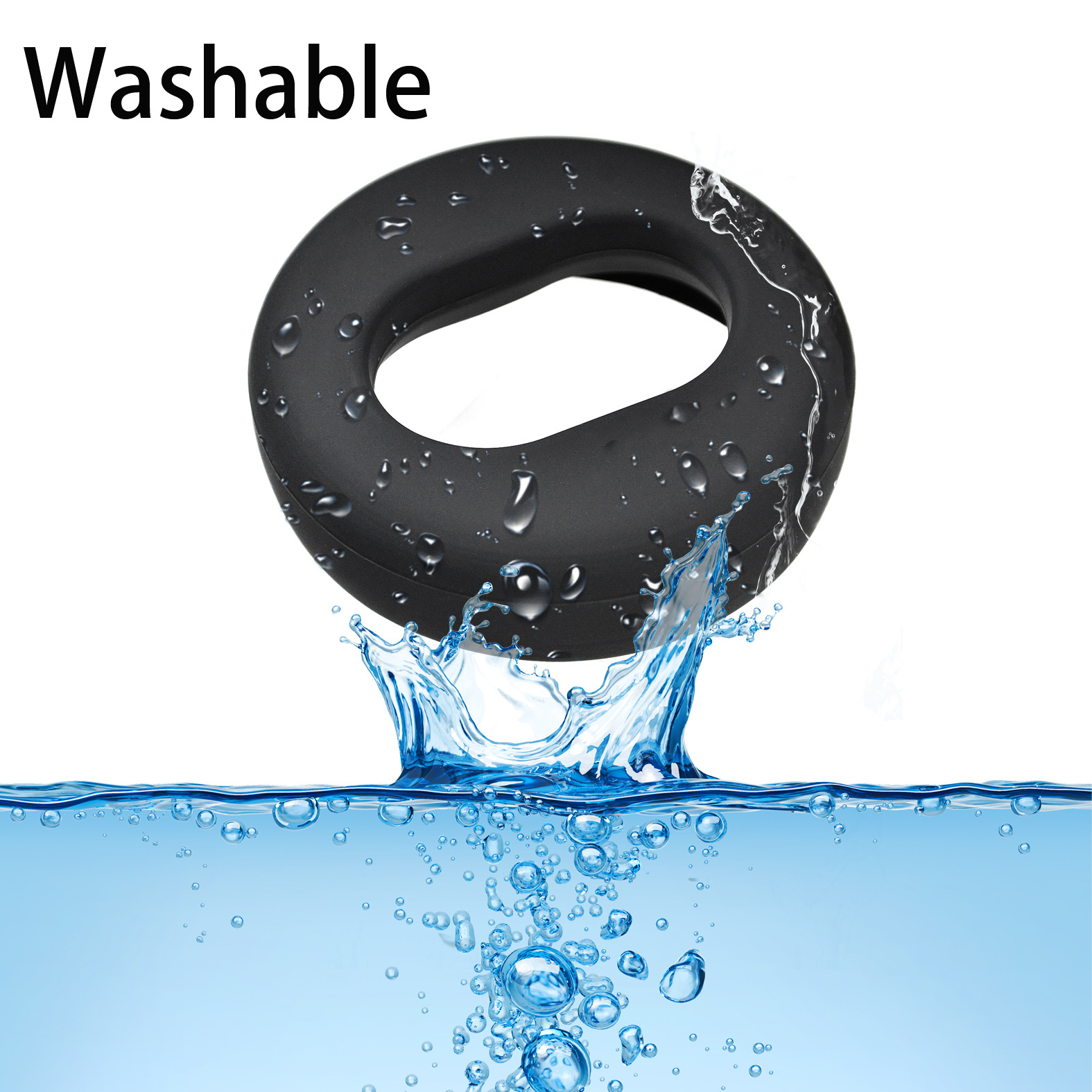 Czarny, okrągły pierścień fitness z chlapiącą wodą, z napisem 'Washable'.