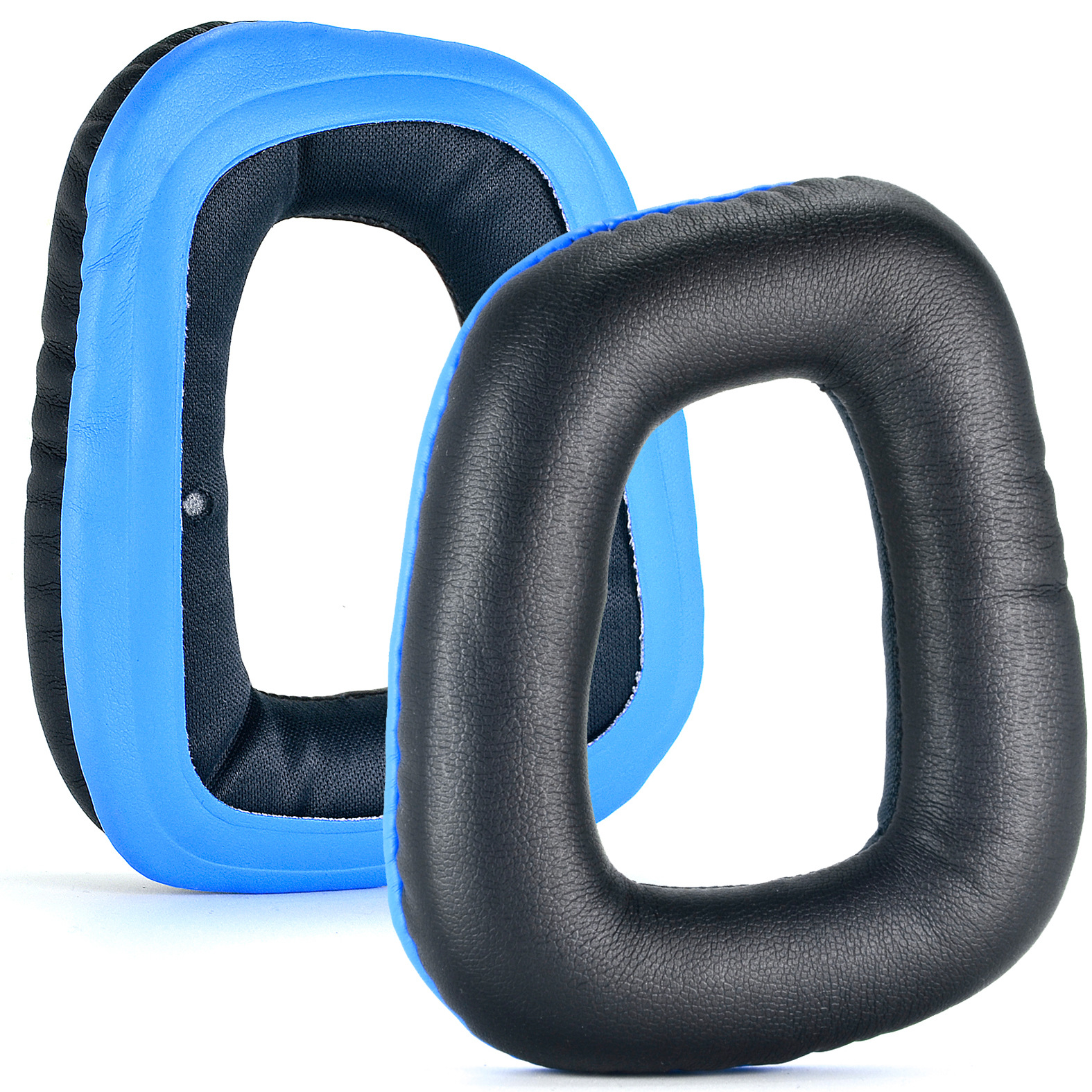 Zwei schwarze und blaue Ohrpolster für Kopfhörer auf weißem Hintergrund.