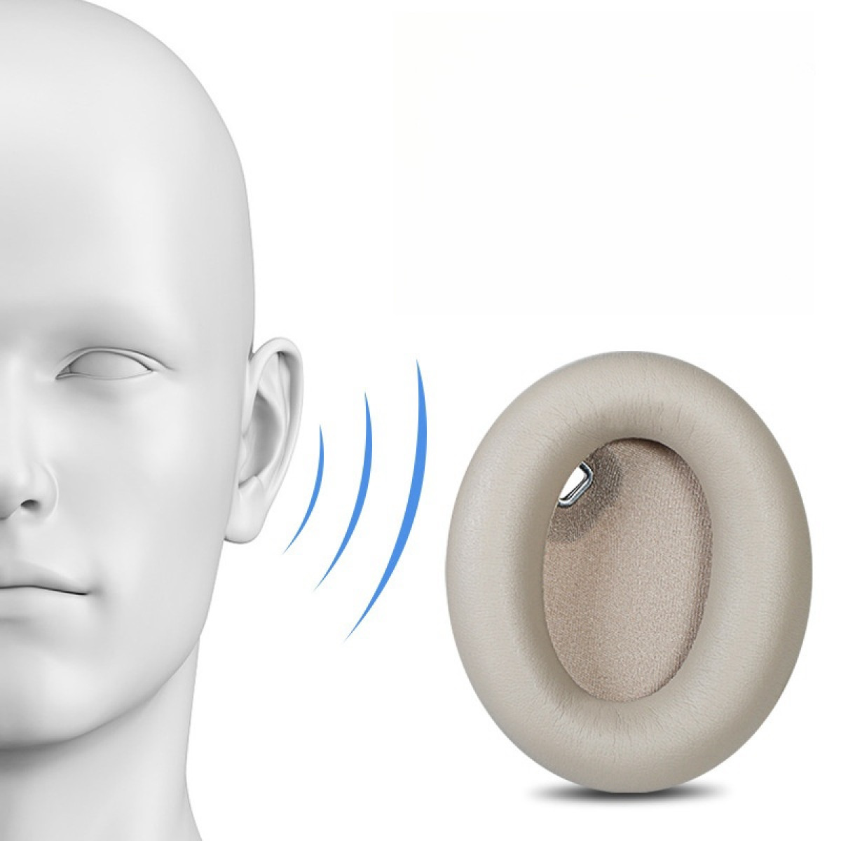 Biały model 3D głowy z uchem obok nausznika.