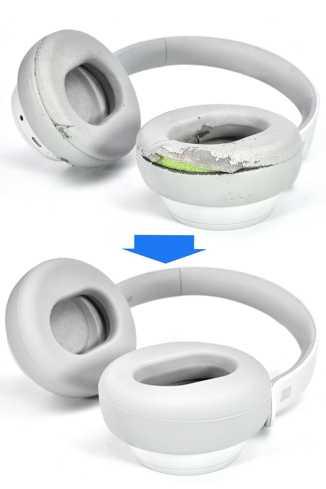 Uszkodzone nauszniki słuchawek w porównaniu z nowymi. Pokazuje naprawę i wymianę. Szare słuchawki.