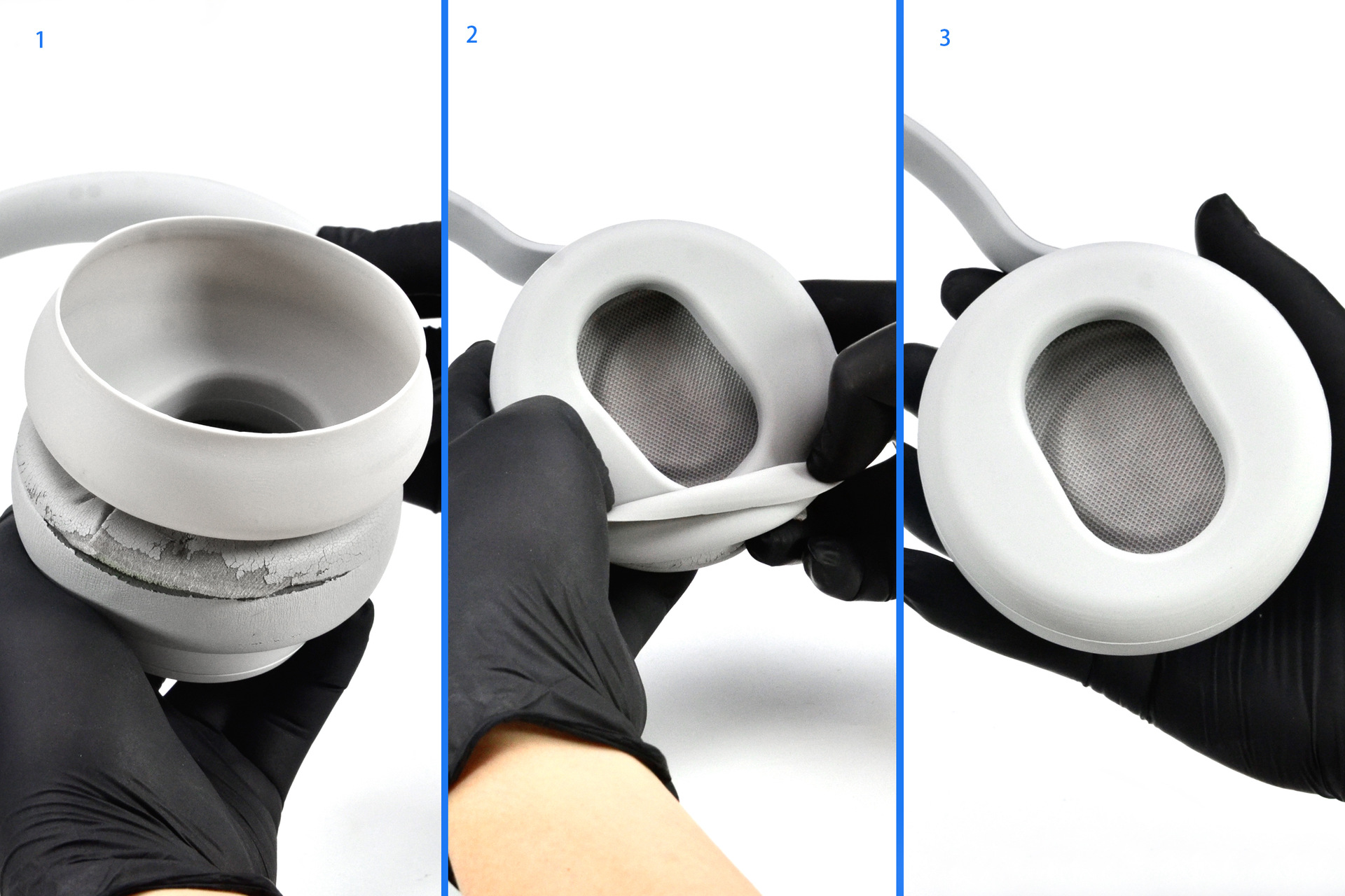 Nauszniki słuchawek zdejmowane i zakładane ponownie, pokazujące wnętrze, czarne rękawiczki.