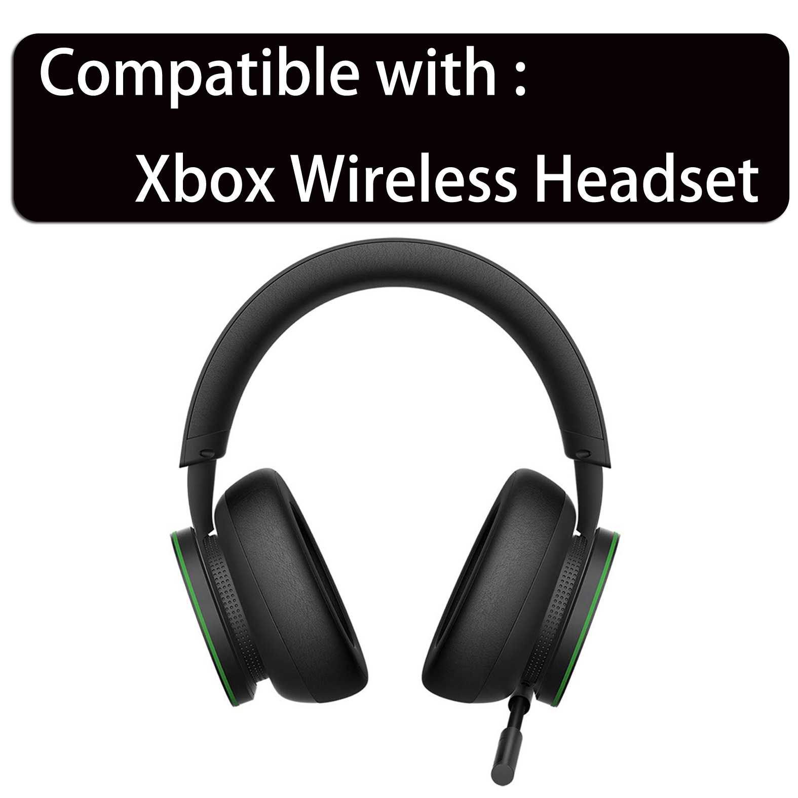 Zwarte Xbox Wireless Headset met groene accenten. De tekst 'Compatible with: Xbox Wireless Headset' staat bovenaan.