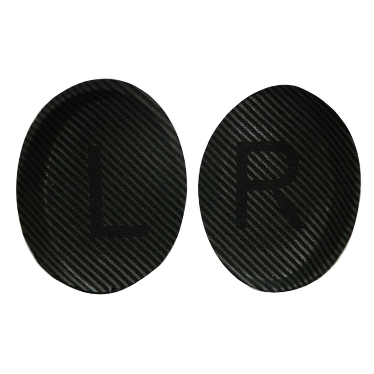 Dwie czarne owalne naklejki z nadrukowanymi literami L i R.