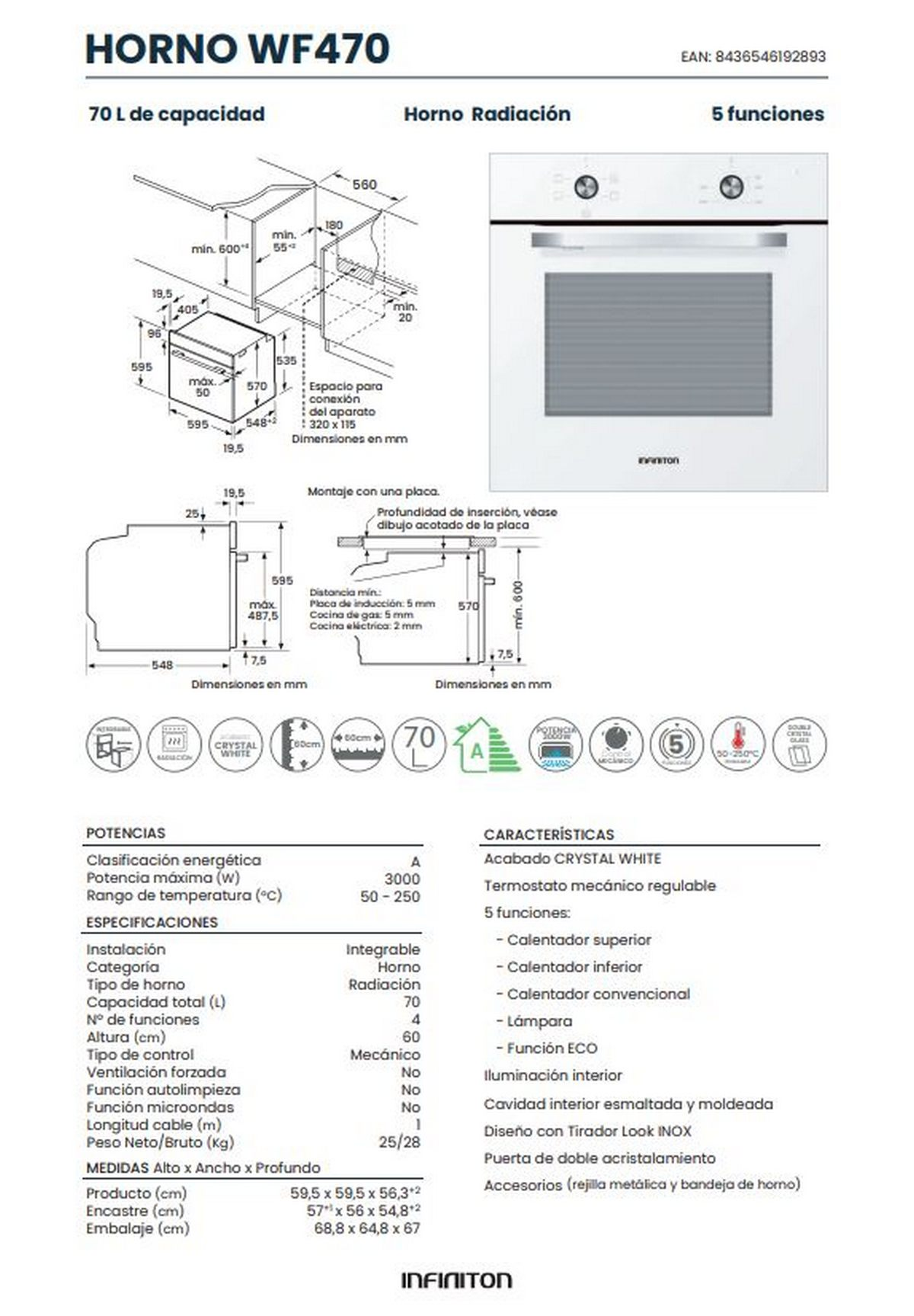 Un diagrama de un horno blanco con especificaciones en español.