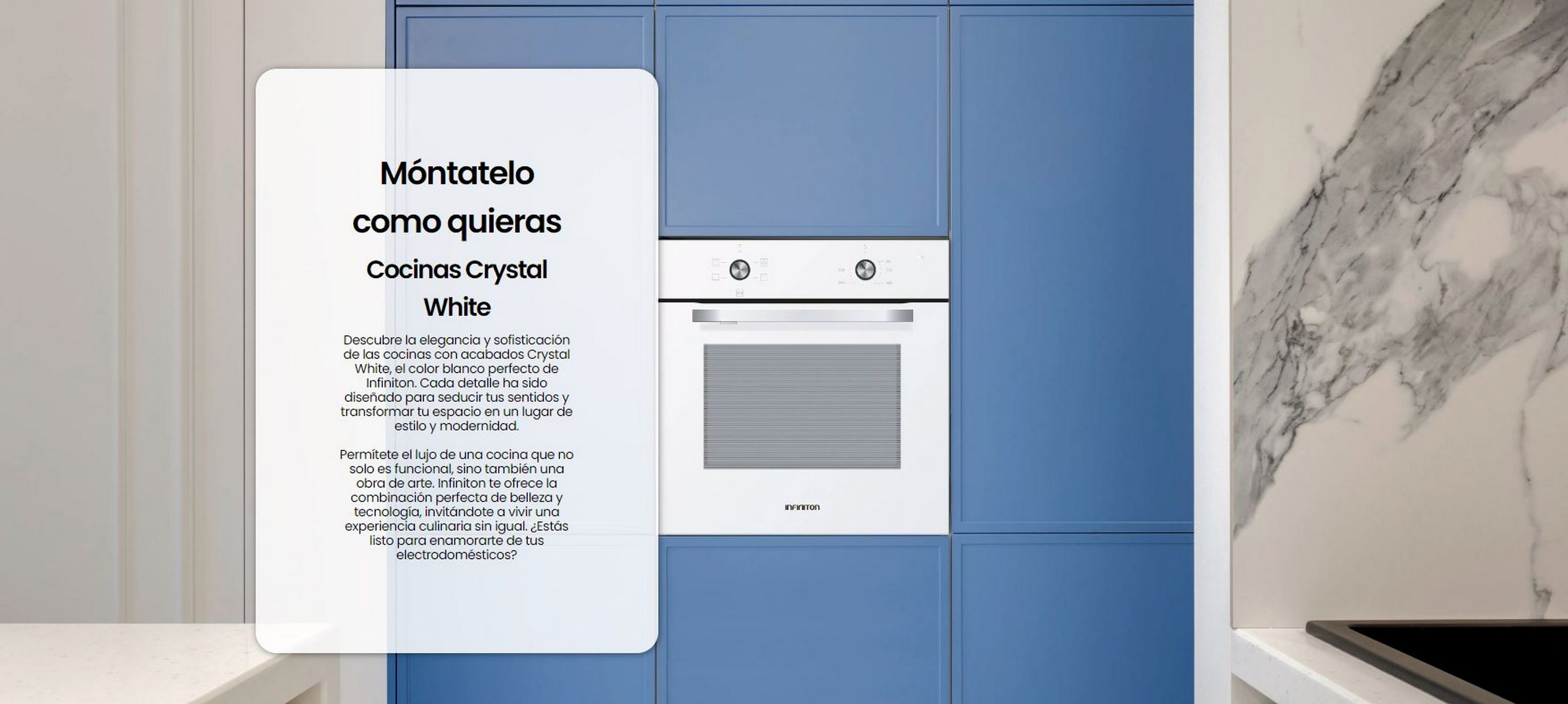 Un horno blanco en una cocina azul con texto superpuesto sobre el producto.