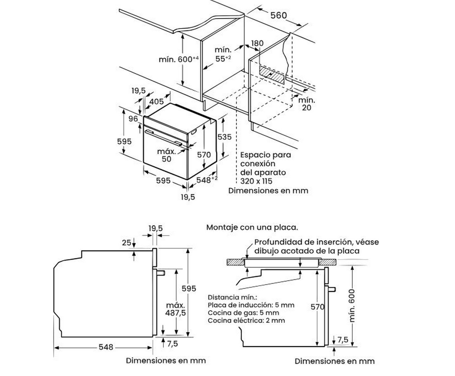 Dibujo técnico de un horno, mostrando dimensiones y detalles de instalación, en milímetros.