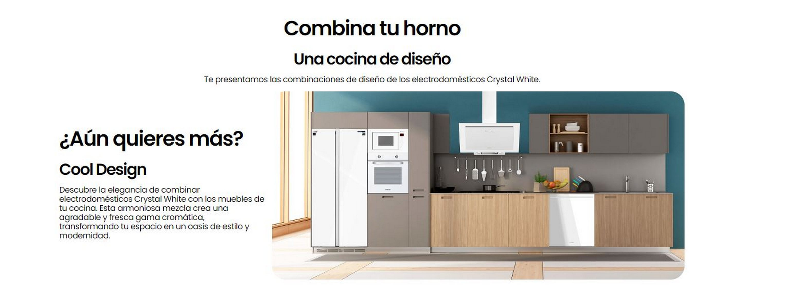 Cocina moderna con armarios y electrodomésticos blancos. Diseño con horno, nevera y campana extractora.