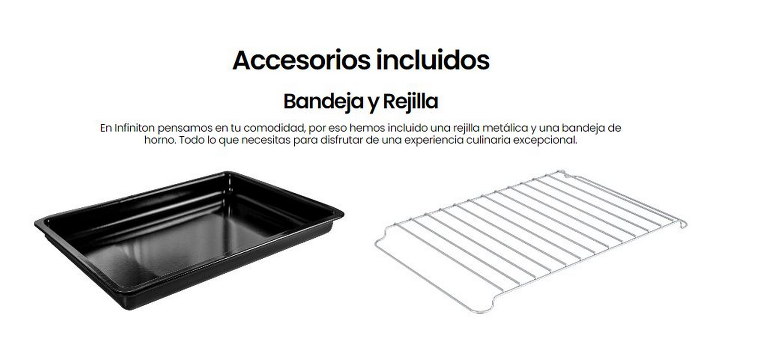 Bandeja de horno negra y rejilla plateada, accesorios incluidos. Fondo blanco.