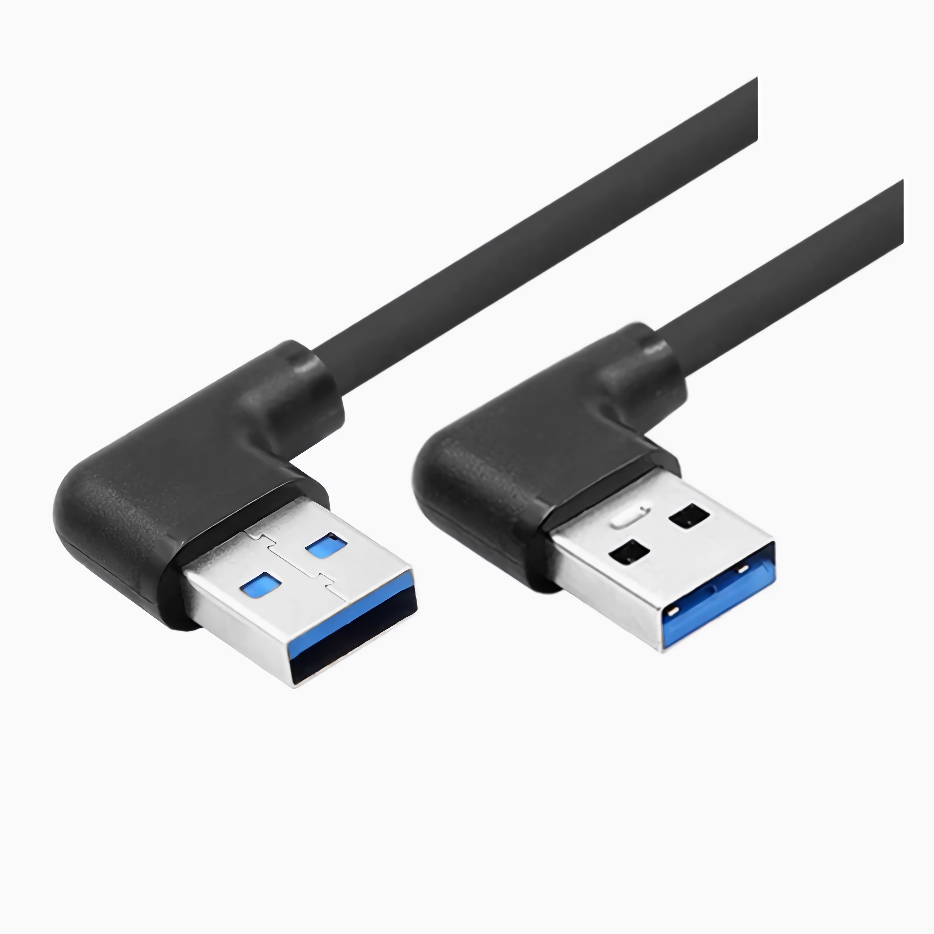Zwei schwarze USB-Kabel mit blauen Steckern.