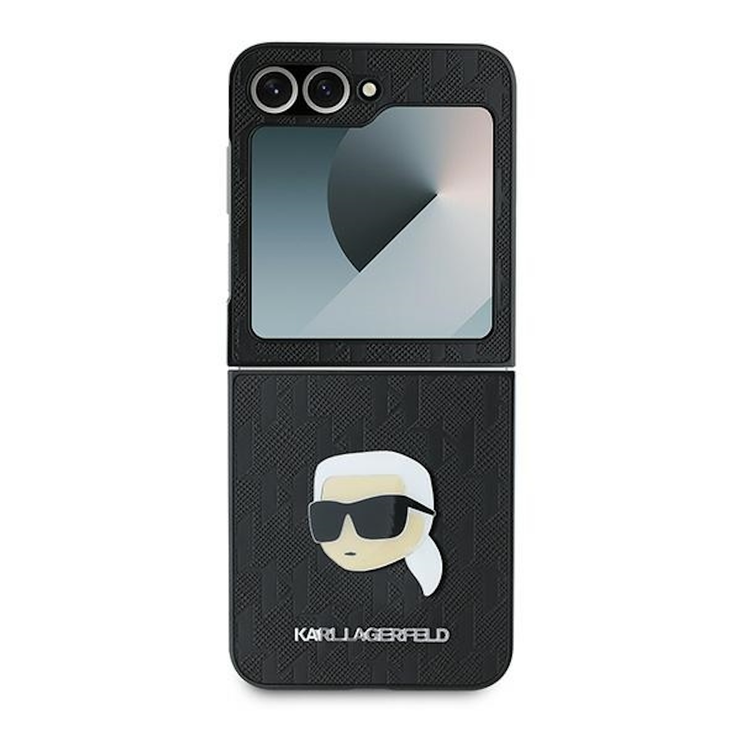 Una custodia nera Karl Lagerfeld per un telefono pieghevole. La custodia mostra una grafica di Karl Lagerfeld.