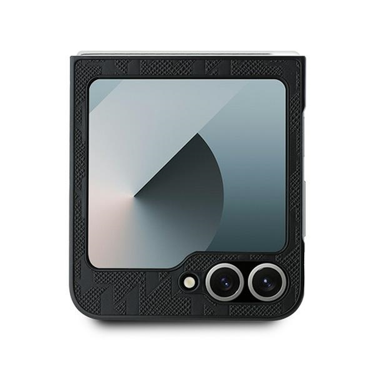 Smartphone pieghevole con custodia nera strutturata. Doppia fotocamera posteriore e schermo grande.