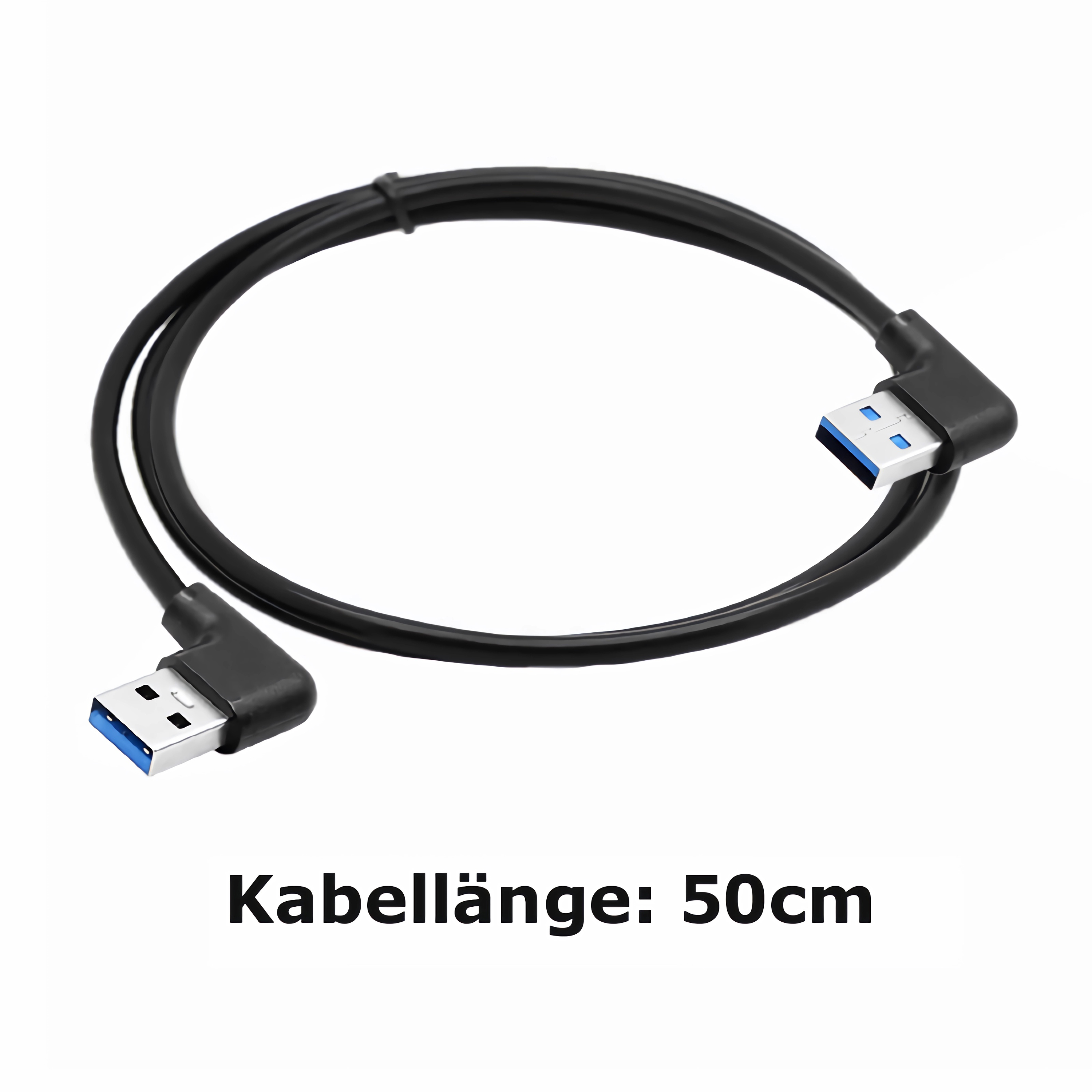 Schwarzes USB-Kabel mit blauen Steckern. Das Kabel hat zwei abgewinkelte Stecker.