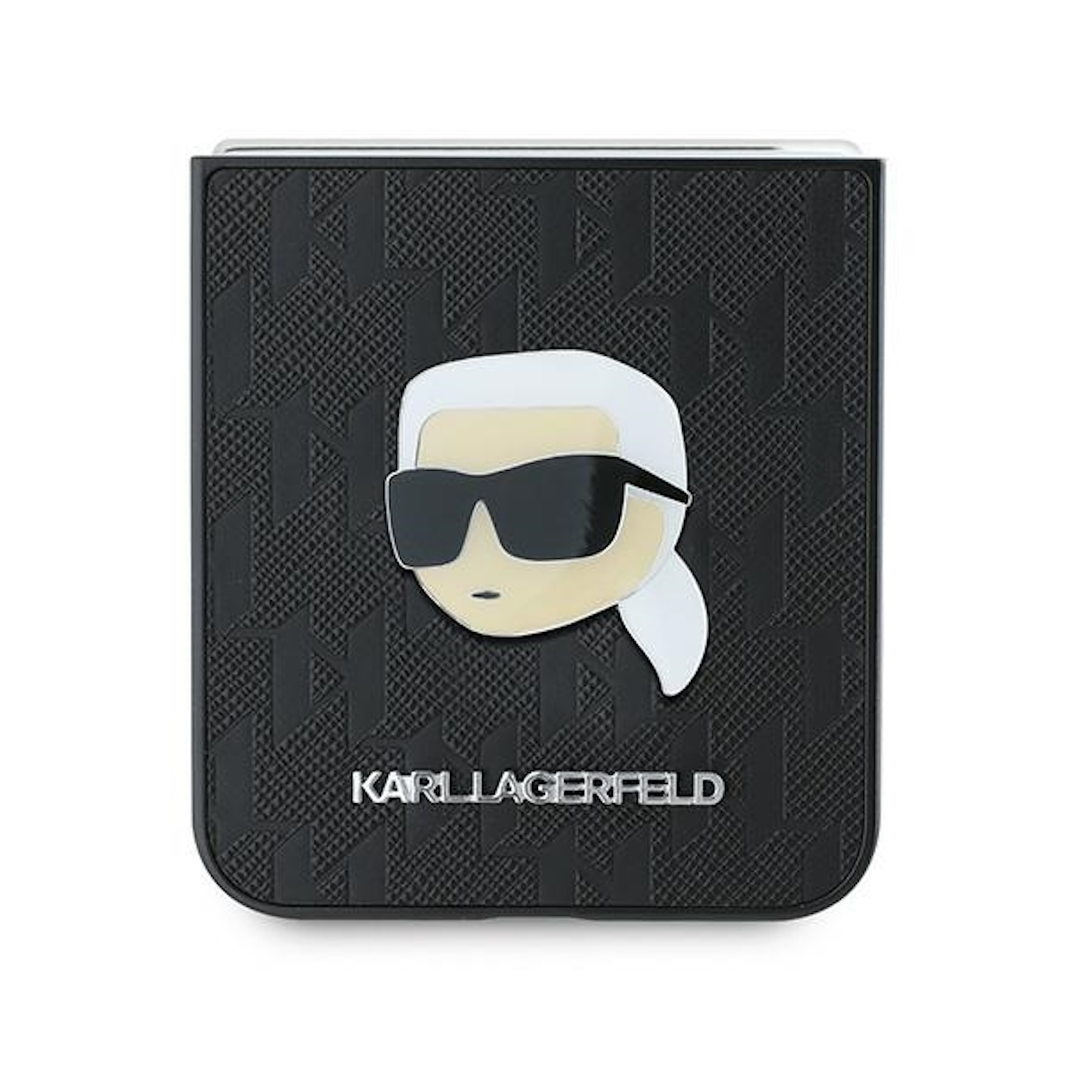 Portafoglio nero Karl Lagerfeld con la faccia di Karl Lagerfeld sul davanti.