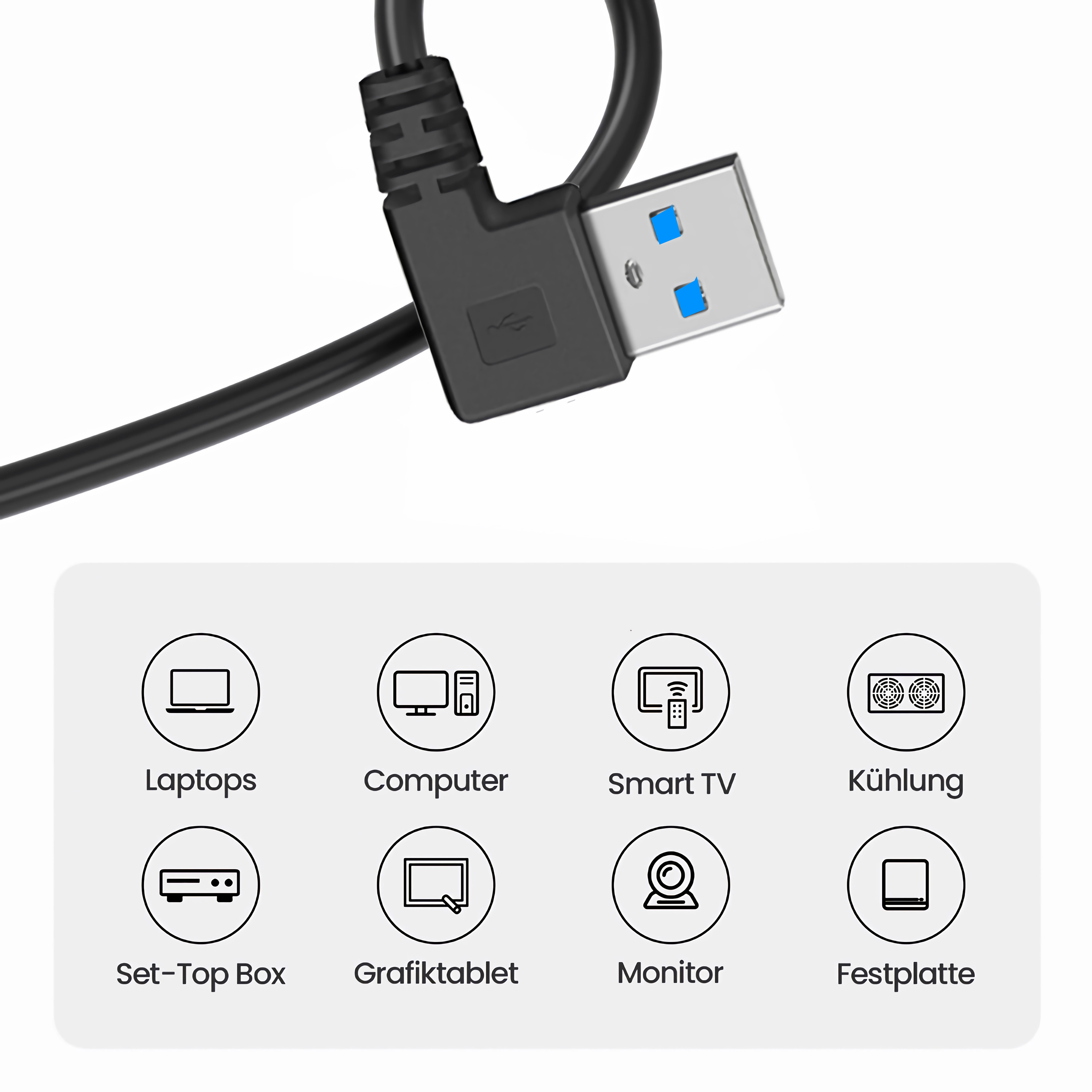 Schwarzes USB-Kabel mit blauem Stecker und abgewinkeltem Ende, mit Geräte-Symbolen.